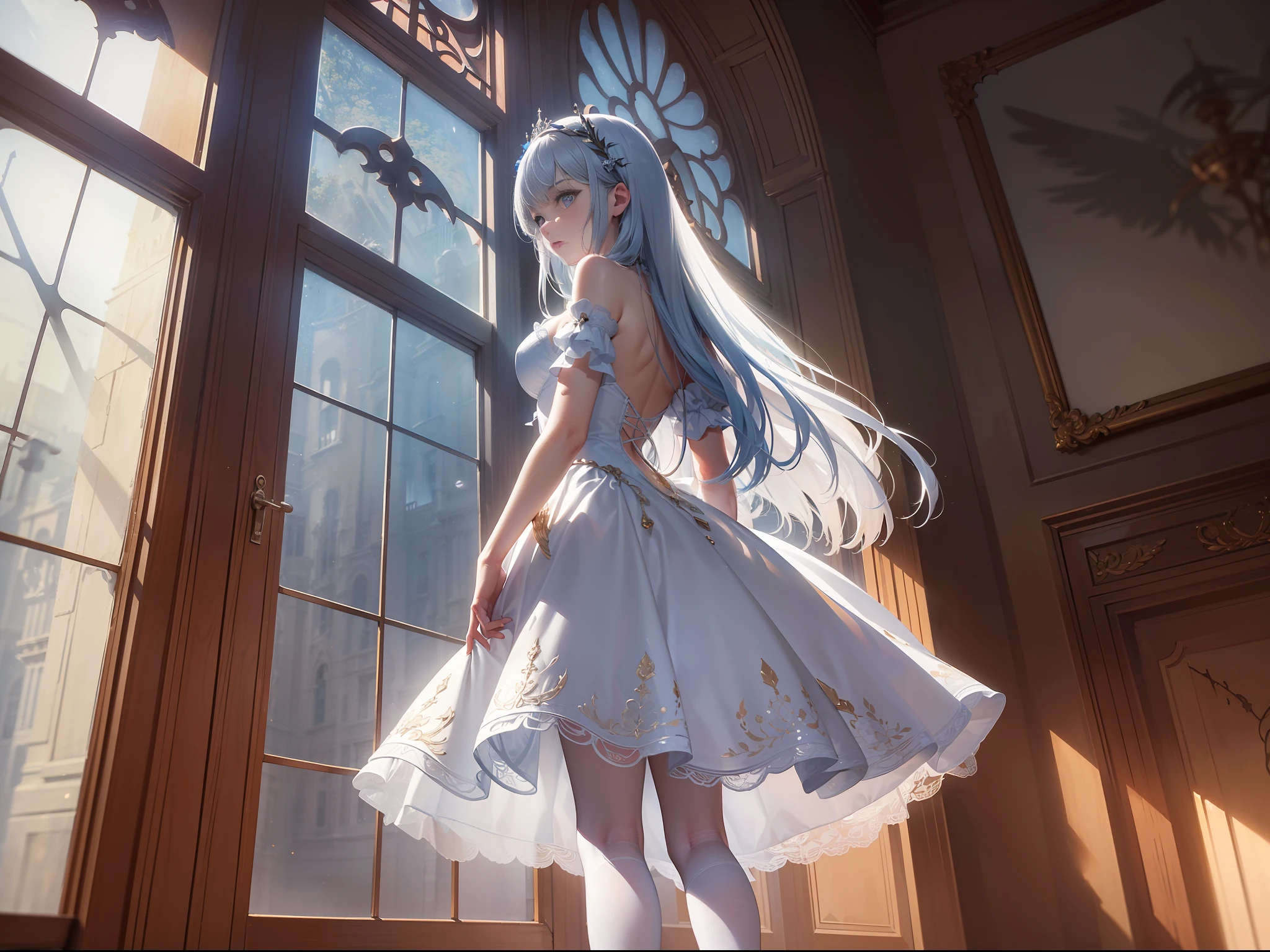 (Extreme Detail CG Unity 8K Wallpapers,masterpaintings,Highest image quality),(Delicate light and shadow,The picture is highly dramatic),White Very Long Hair,Handsome face,Blue eyes,Short white dress,clong legs,white stockings,White heels,Stand at the window(Exceptional detail,The lighting effect is outstanding,Vista wide angle),crepuscular(Excellent rendering,Enough to stand out from the crowd),raytrace,hdr, Ridiculous resolution, absurd res, filmgrain, lightand shade contrast, atmosphric perspective, lightand shade contrast, cinematlic lighting, The light from the back window is backlighted, Film grain wide angle, Grandiose scene