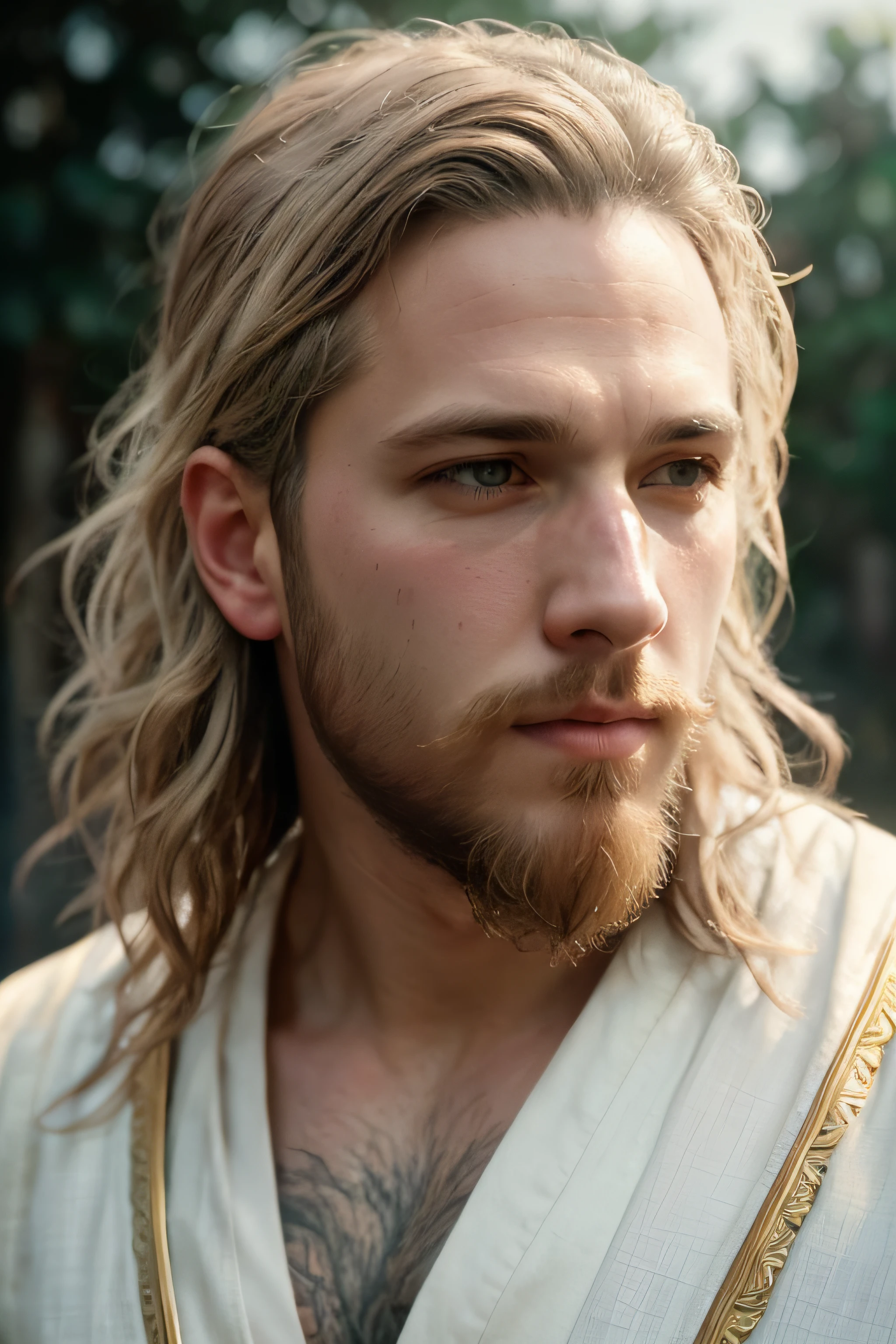 RAW photo, photography, photorealistic, (masterpiece), (extremely intricate), photorealistic photo of a handsome male wizard, short beard, white wizard shirt with golden trim, white robe moving in the wind, long white hair, fully clothed, perfect face, handsome, (perfect composition:1.4), deviantart hd, artstation hd, concept art, detailed face and body, award-winning photography, margins, detailed face, professional oil painting by Ed Blinkey, Atey Ghailan, Jeremy Mann, Greg Manchess, Alex Gray, trending on ArtStation, trending on CGSociety, intricate, high detail, sharp focus, dramatic, award winning matte drawing cinematic lighting octane render unreal engine volumetrics dtx