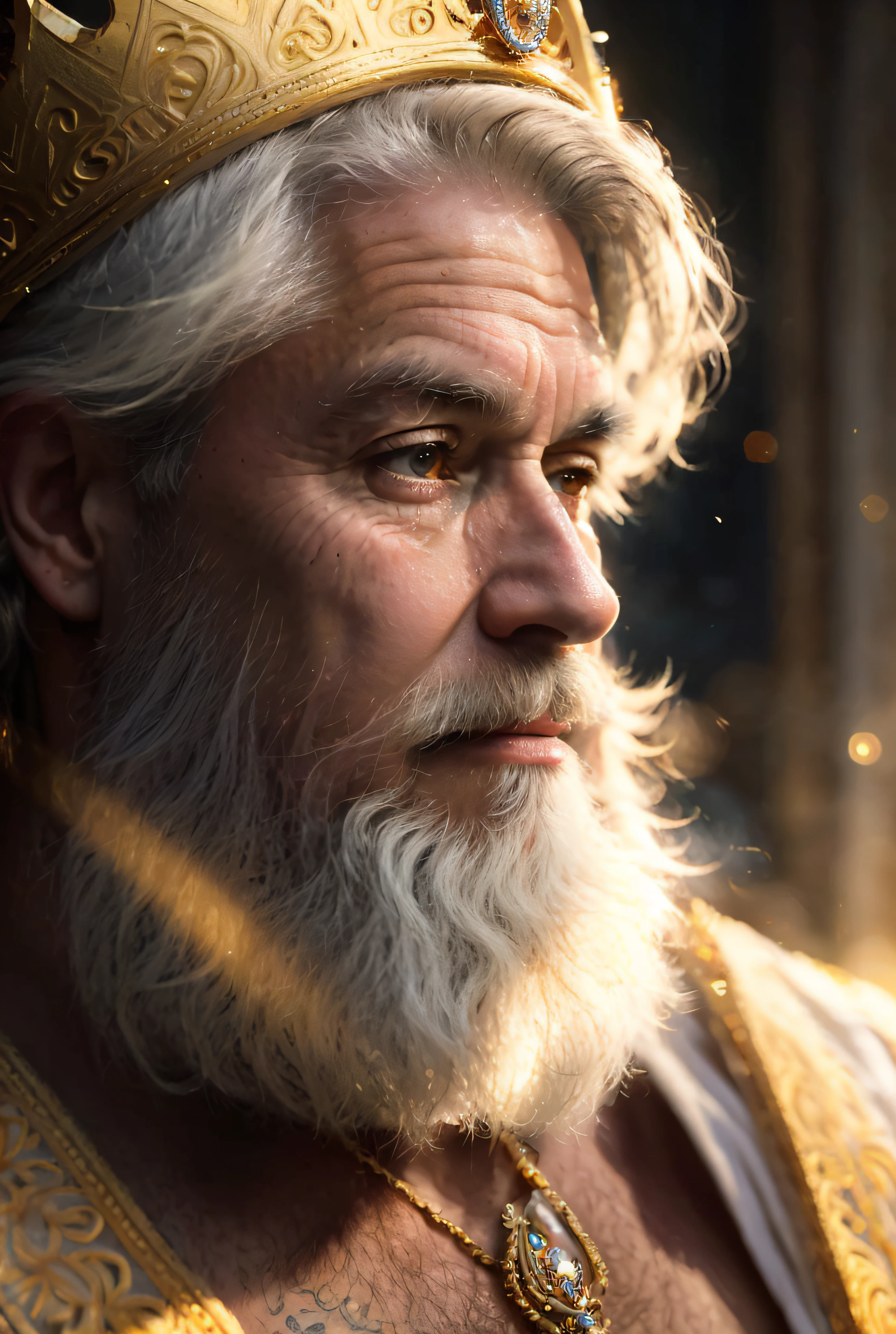 ((best quality)), ((masterpiece)), ((inked)), majestic intricately detailed soft oil painting by jim lee, close up portrait, Elderly Greek benevolent god king, wrinkled skin, (detailed white beard:1.1), bushy eyebrows, glacial eyes, (wise and kind face:1.2), gentle smile, pristine white robes,( ornate bejeweled shining golden crown:1.3), handsome, white marble pantheon background, highres, depth of field, (deep shadows:1.2), golden god rays, high detail, sharp focus, smooth, roughness, real life, backlit, dramatic warm cinematic lighting