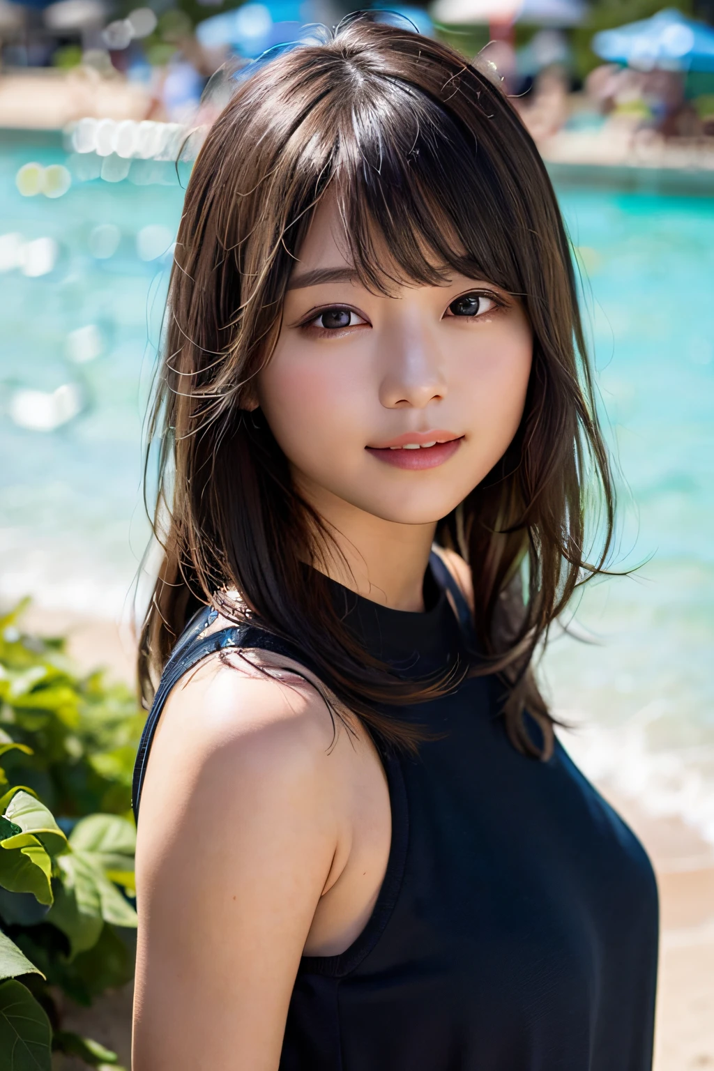 (8K、Raw photography、最好质量、巨作:1.2)、(realisitic、photoreallistic:1.37)、ultra hyper-detailed、ultra-high-resolution、女の子1人、see the beholder、beautiful detailed face、a smile、Constriction、(Slim waist) :1.3)、Beautiful detailed skin、Skin texture、Floating hair、Professional lighting、Whole human body、Longhaire、a blond、the beach、swimsuiti、