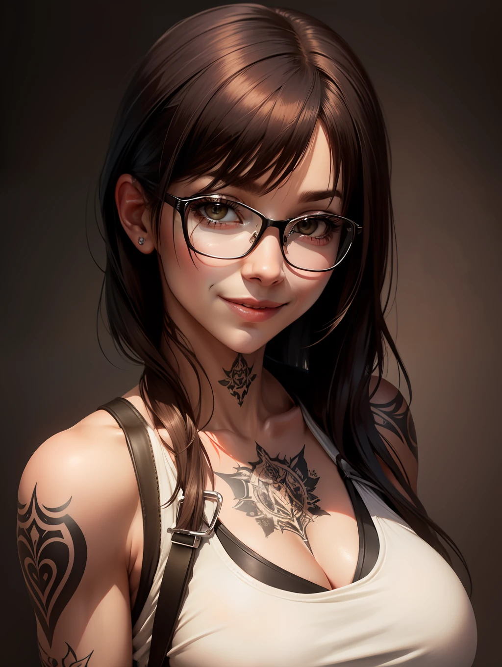 Tifa Lockhart, big breasts, braless, 30 years old, short hair, neck tatoo, only face and breasts photo, looking at the camera with a simple smile, wearing glasses