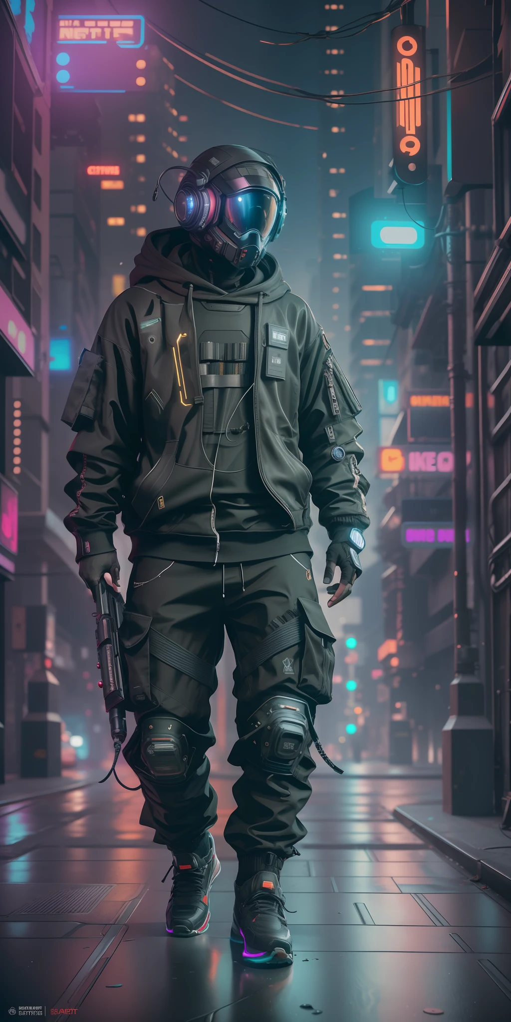 (masterpiece, full body shot, intricate raw photography) Cyberpunk citizen, comfortable oversize black hoodie, black cargo pants, black clothes, dark, wearing a black helmet hitech style Astronaut, intricate, futuristic, advanced technology, dark environment, dramatic, light and shadow, cinematic, action movie, sharpness, random relaxed position, Cyberpunk City, street lights, dark street, night, Insta photo, photo of the year, octane render, substance, Maya 3D,  cinema4D, ArtStation Trending, Devian Art Trend,