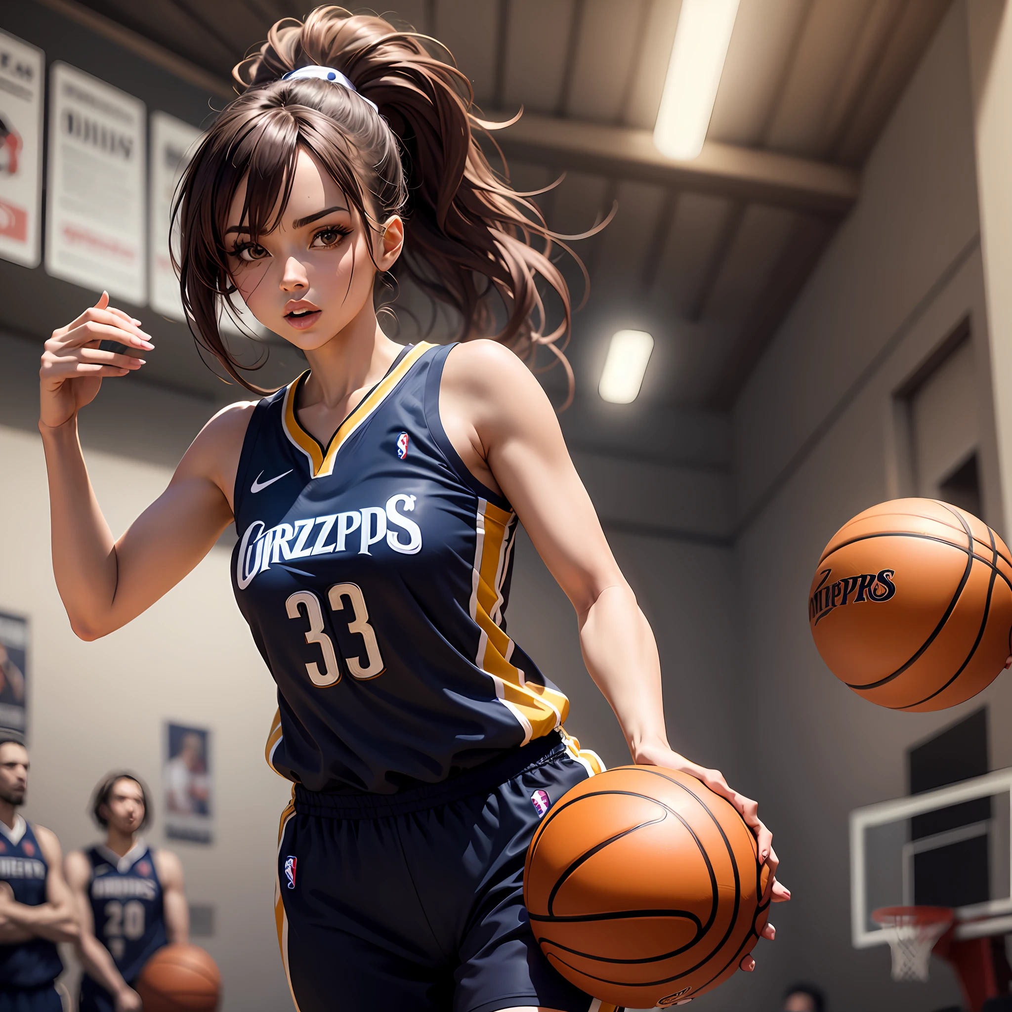 anime garota basquete com uniforme dos Memphis grizzlies, numa quadra de basquete, corpo inteiro cabelo preto curto, with a basketball in hand, de olhos vermelhos --auto