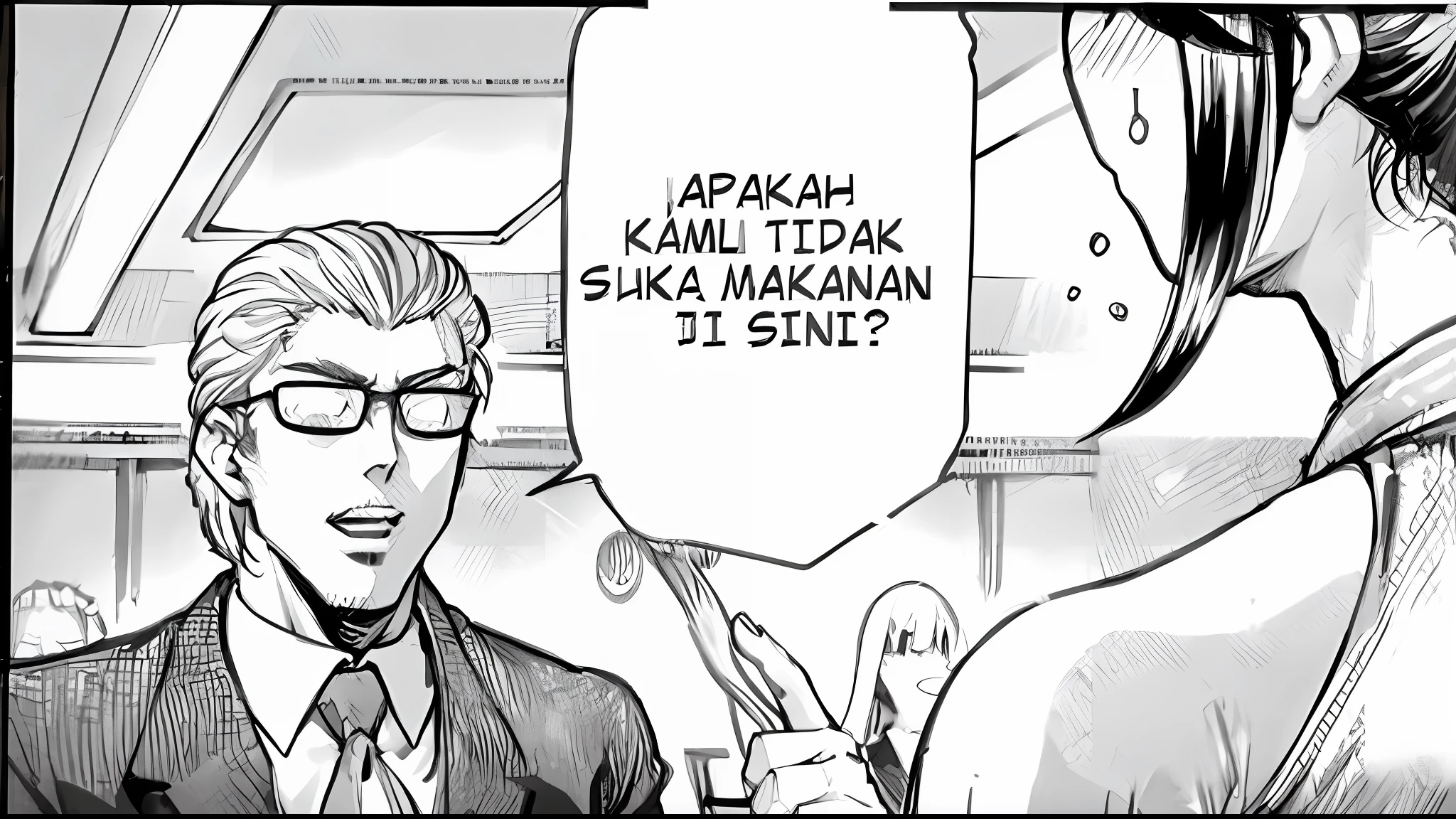arafed image of a man in a suit and tie talking to a woman, chef saitama one punch man, phoenix wright, fujita gor o!, panel manga, kentaro miura manga style, otomo mang a, ace lawyer, akihiko yoshida!, colored panel manga, as manga panel, manga panel, with index finger, 4k, jba anime style