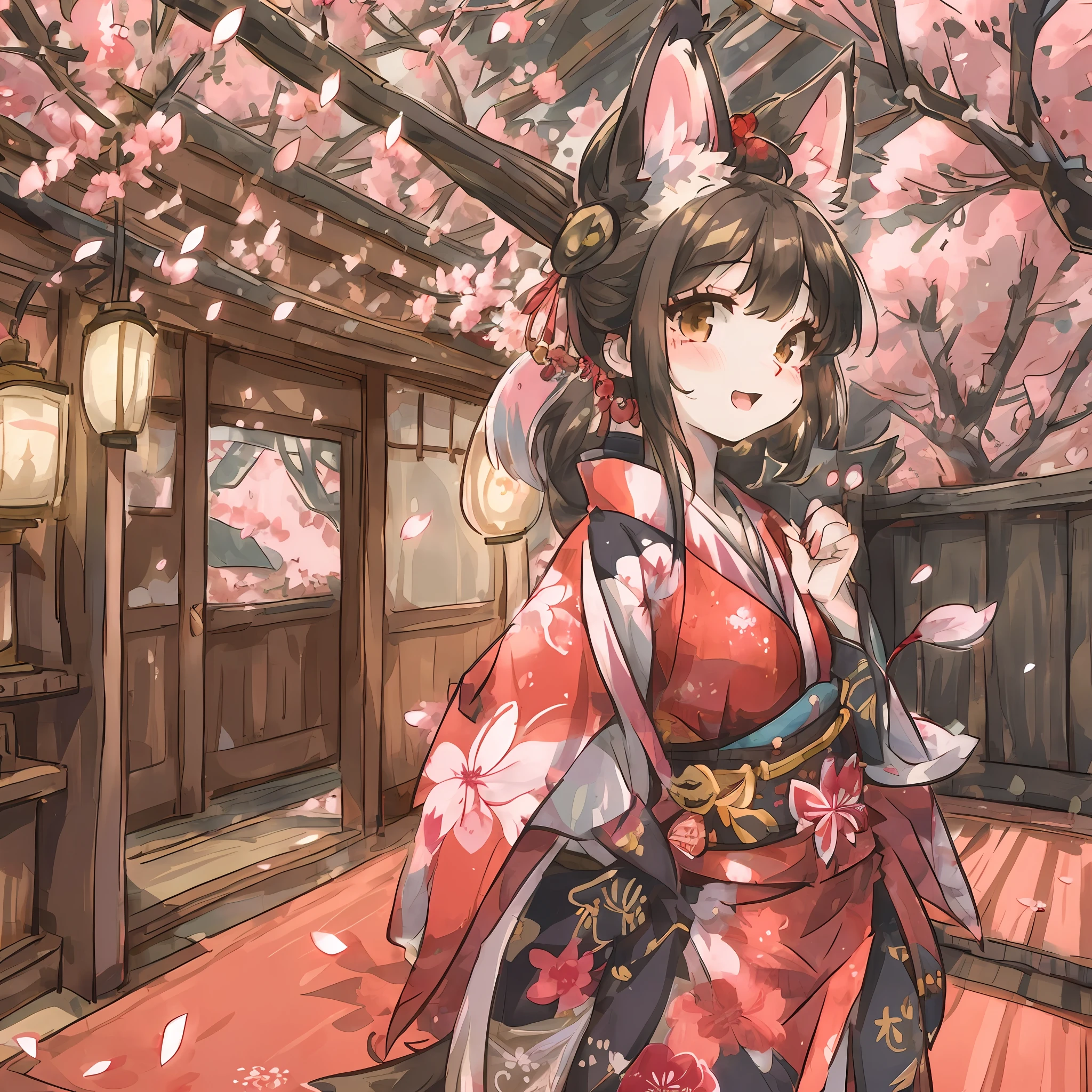 masterpiece, shuimobysim, badashanren, Shukezouma, samurai residence, kimono, katana, The cherry tree, cherry blossoms dancing in the wind, tatami mats, lanterns(super cute 1girl, solo, kemono, furry anthro),