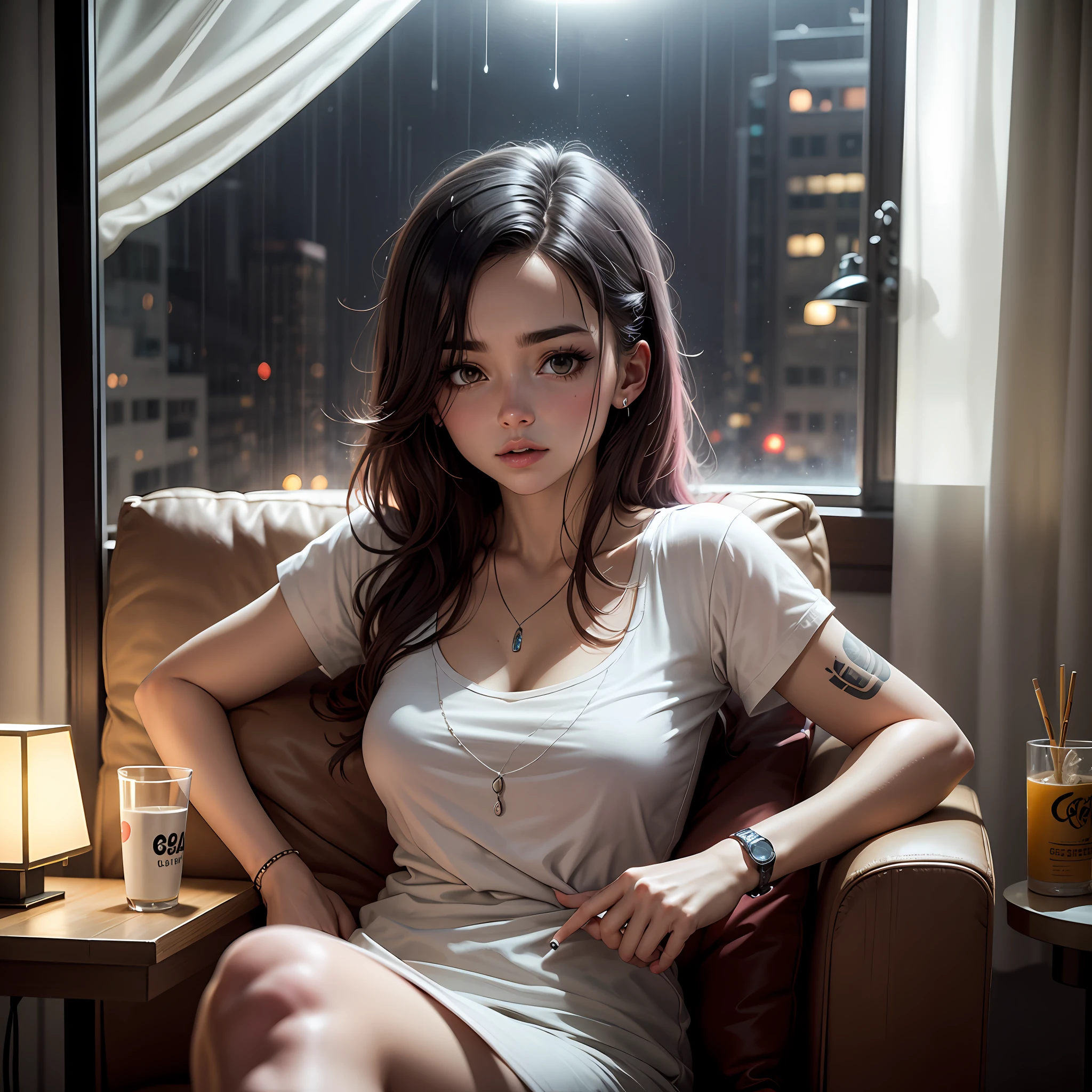 Uma Garota anime com cara de 15 anos, com tatuagem e pele branca com cabelos pretos curtos, e olhos avermelhados e coisas de grife sentada num sofa, with a cigarette in his right hand, and a pack of cigarettes on top of a low table with a lamp on top also with a, e num hotel, which in the window is showing the rain falling in a dark and starry sky --auto