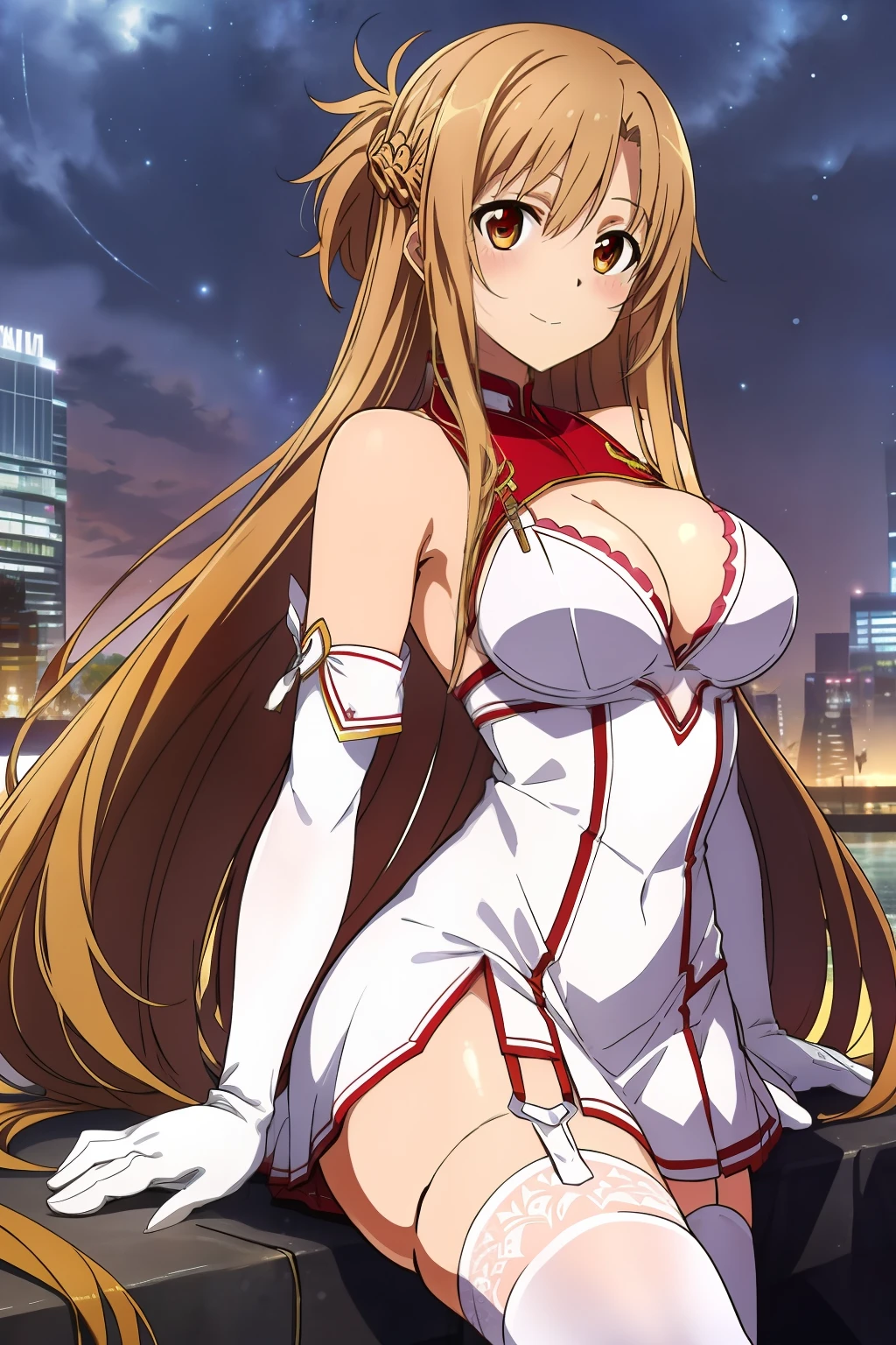 Yuuki Asuna, anime style beautiful woman, best quality, perfectanatomy, ultra detailed, 1girl, solo, large breasts, curvy body, good hands, good legs, good knees, night sky, stars, long hair, breasts, looking at viewer, happy, bangs, brown hair, thighhighs, gloves, dress, cleavage, bare shoulders, brown eyes, very long hair, crossing legs, white gloves, white dress, armor, white thighhighs, garter straps, white armor,