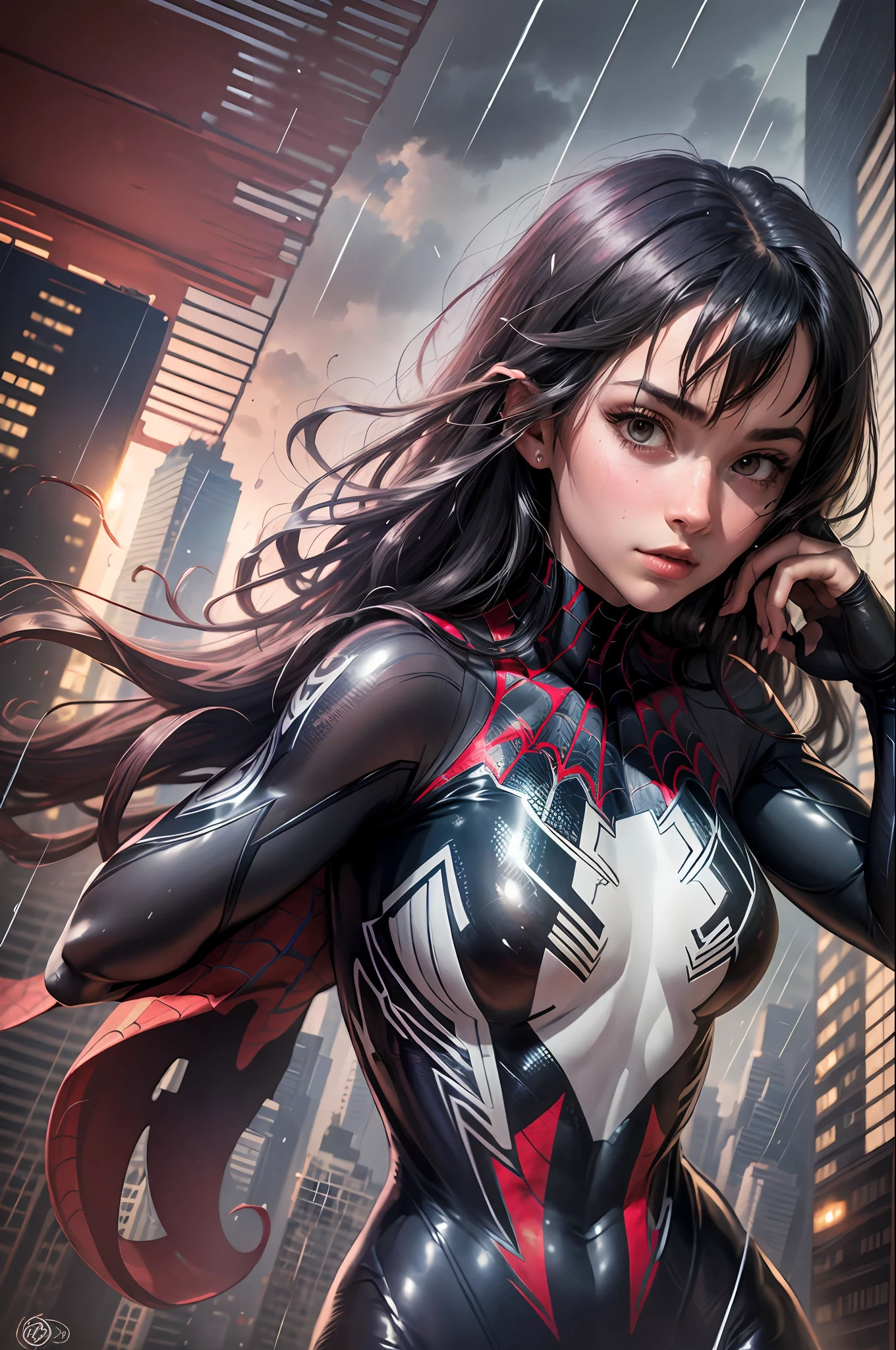 18 yo girl, spider man suit, long hair, rain, roof, masterpiece, intricate detail, perfect anatomy