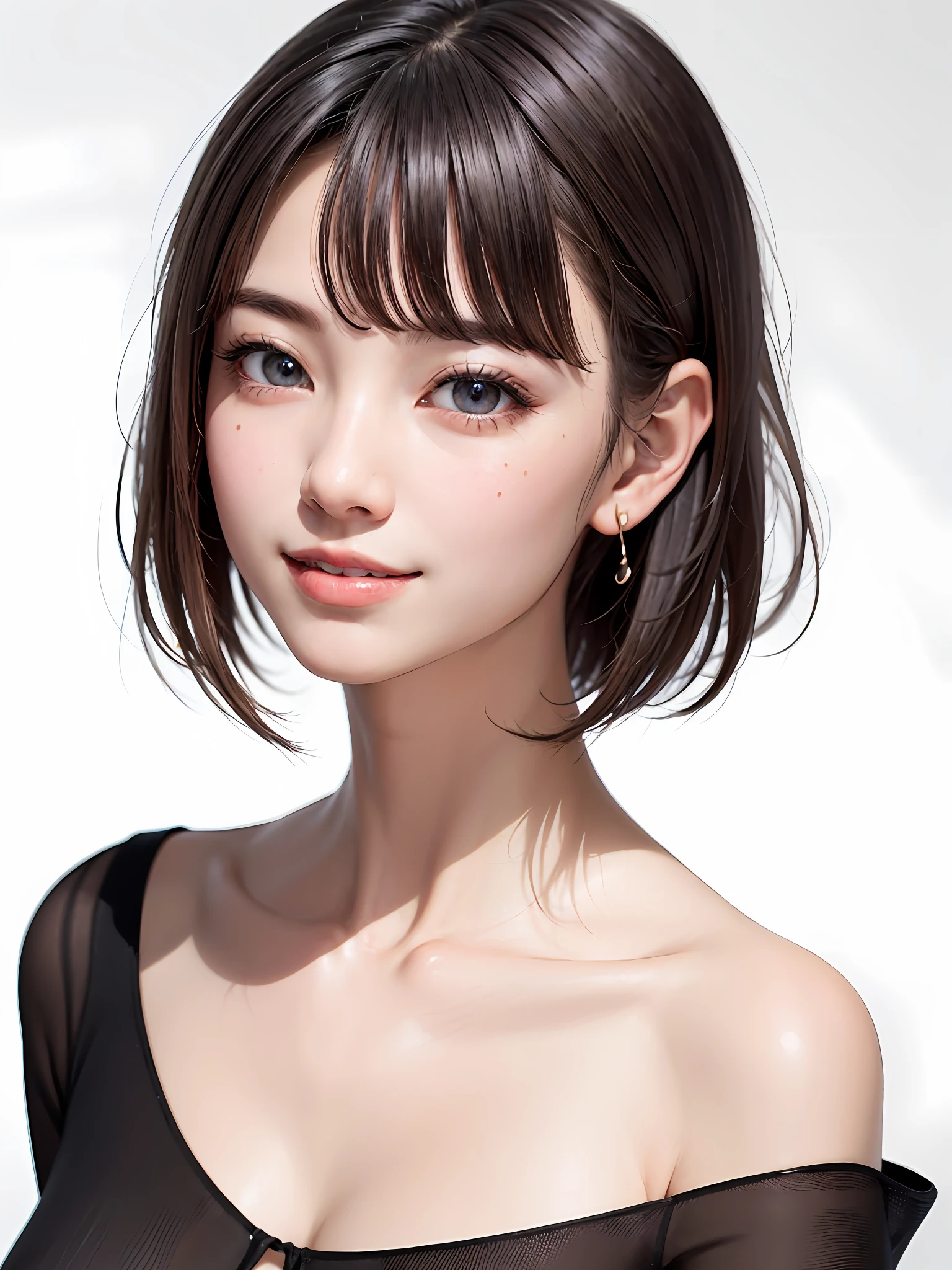 ((巨作、1 beautiful girl、Detailed eye、Shorthair with bangs、neck long、Put your ears out))、big eye、Distinct double eyelids、((最好质量, ultra-high-resolution、gazing at the camera、Light brown eyes、Clean collarbone、glowy skin)), (Realisticity: 1.4), OriginalPhotographs, 1girl in,Cinema tick writing、japanes、Asian Beauty、Korea person、Super beauty、Beautiful skin、(((extremely large bosom、A slender、The body is facing forward、lipgloss、smiling slightly、Smiling happily)))、(ultra realisitic)、(A high resolution)、(8K picture quality)、(Very Details)、(Best Illustration)、(beautifully detailed eyes)、(ultra hyper-detailed)、detailed faces、lookig at viewer、Facing Straight Ahead、neat and clean clothes、sleevless、short-hair、black har、46-point diagonal bangs、Background is really nothing but pure white background、neat atmosphere、