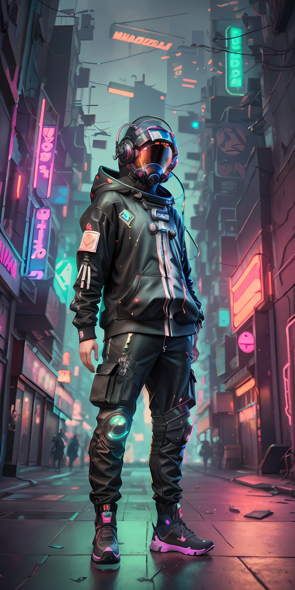 (masterpiece, full body shot, intricate raw photography) Cyberpunk citizen, comfortable oversize black hoodie, black cargo pants, neon lights details on dark clothes,wearing a black Astronaut style helmet, neon light details, intricate, futuristic, sharpness, random friendly position, Cyberpunk City, street neon lights, night, Insta photo, photo of the year, octane render, substance, Maya 3D, cinema4D, ArtStation Trending,  Devian Art Trend,