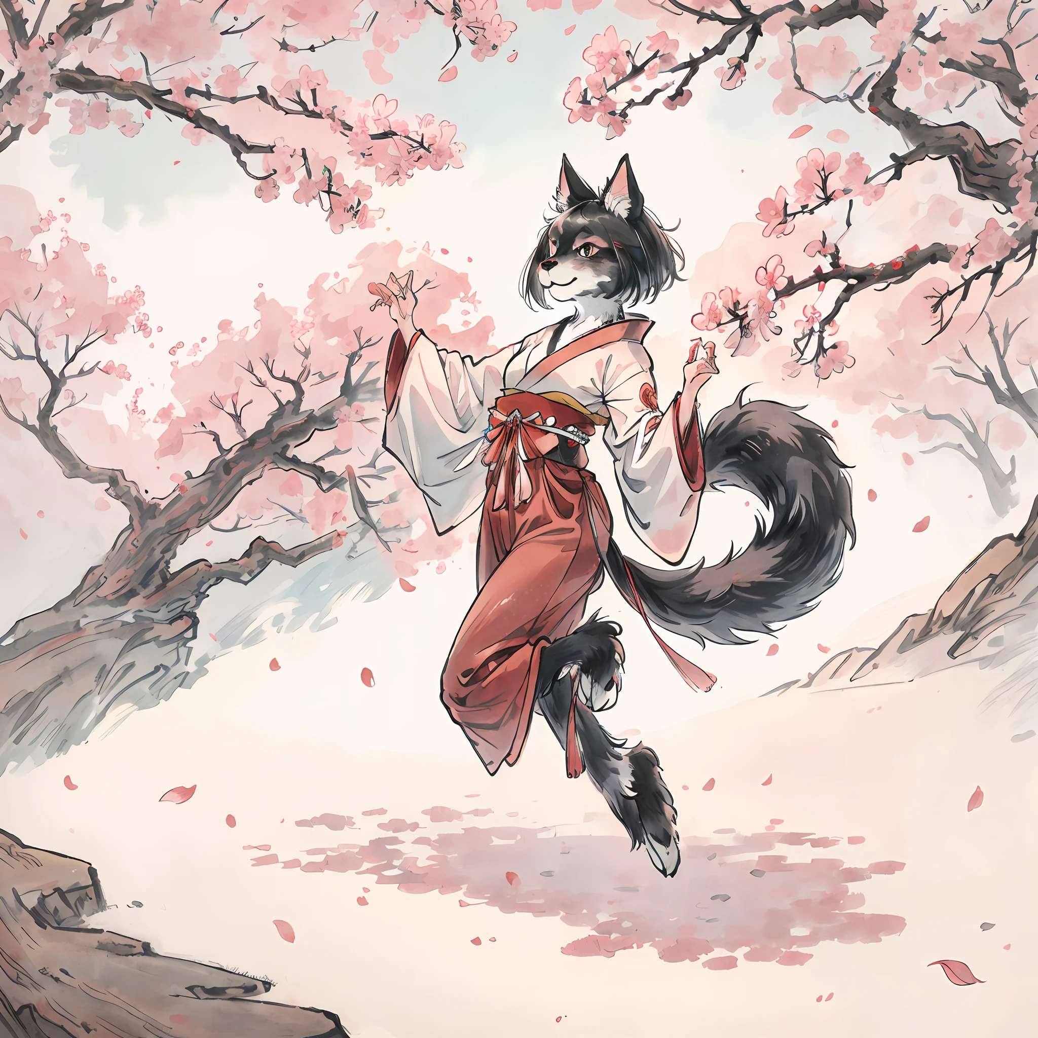 masterpiece, kimono, The cherry tree, cherry blossoms dancing in the wind(super cute 1girl, solo, kemono, furry anthro)(animal ear, animal tail)full body,