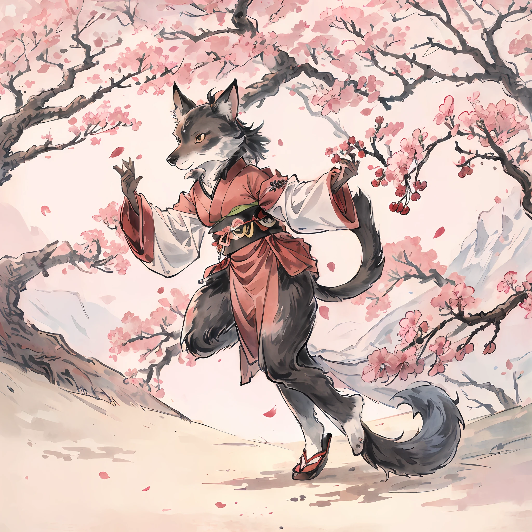 masterpiece, kimono, The cherry tree, cherry blossoms dancing in the wind(super cute 1girl, solo, kemono, furry anthro)(animal ear, animal tail)full body,