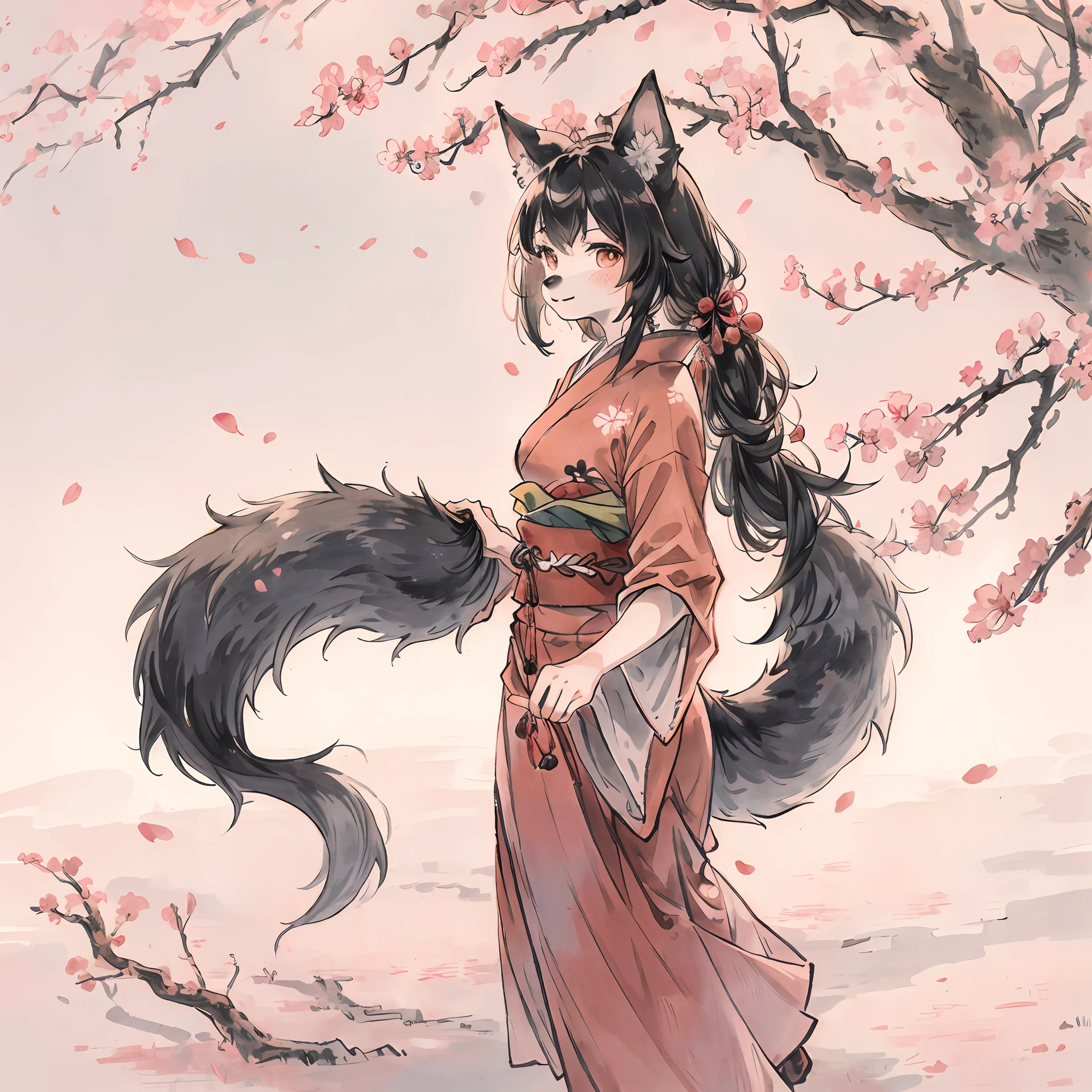 masterpiece, kimono, The cherry tree, cherry blossoms dancing in the wind(super cute 1girl, solo, kemono, furry anthro)(animal ear, animal tail),