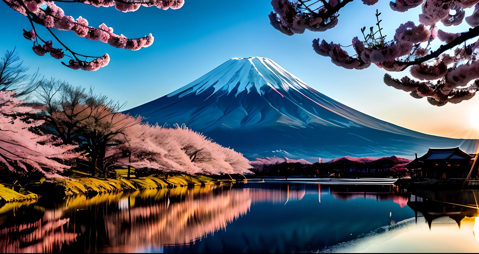 RAW photo of Mt. Fuji, Mt. Fuji one, No need for another mountain, Delicately beautiful realistic, detail, photorealistic, ultra-realistic photo, 8k UHD, DSLR, sunshine dazzling Haruyama, high quality, film grain, FUJIFILM XT3, (masterpiece), majestic Mt. Daisen, Mt. Fuji reflected on the surface of the lake, cherry blossoms are beautiful, the morning sun overlaps,