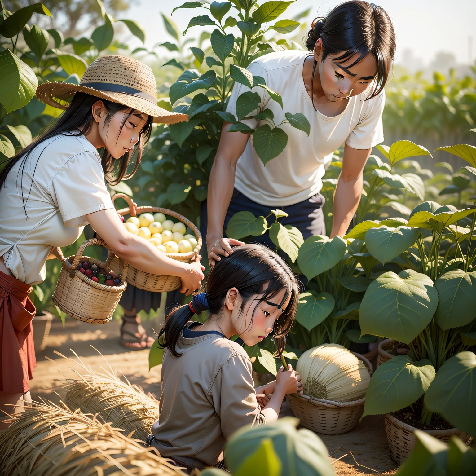 Realistic image of three women talking while doing manual labor with the land in an agroforestry. They wear head masks of granivorous and herbivorous birds. --auto