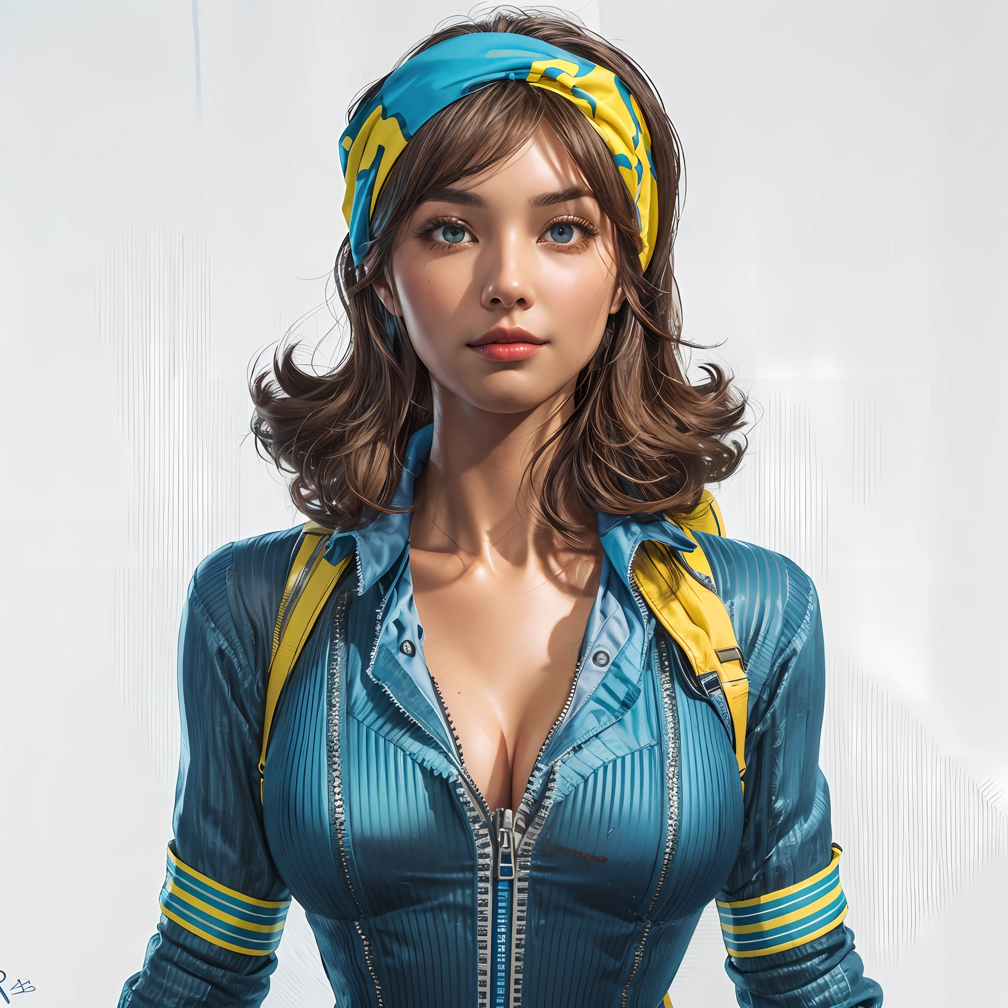 Fallout, a woman with messy brown hair, wearing a skintight vault jumpsuit, and a ragged blue metal gear bandana, brown eyes, blue jumpsuit with yellow stripes, backpack straps, fallout 3, cleavage