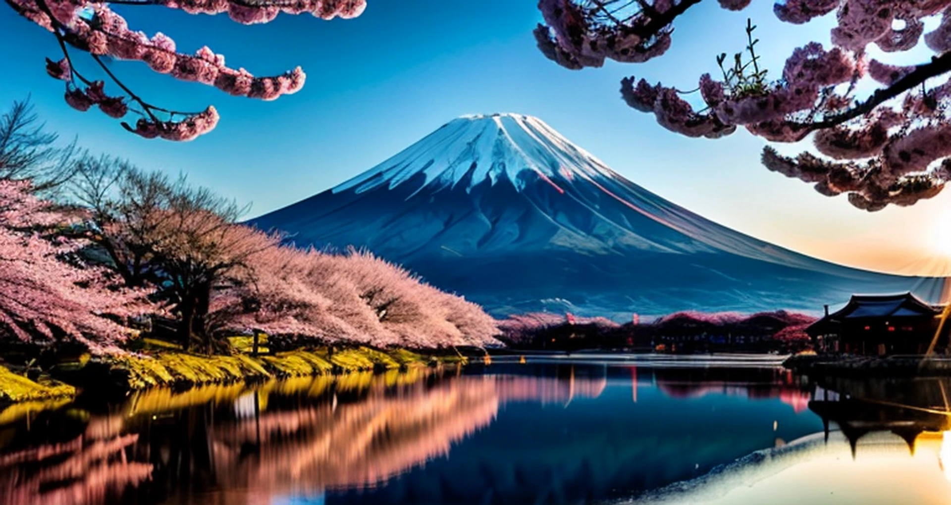 RAW photo of Mt. Fuji, Mt. Fuji one, No need for another mountain, Delicately beautiful realistic, detail, photorealistic, ultra-realistic photo, 8k UHD, DSLR, sunshine dazzling Haruyama, high quality, film grain, FUJIFILM XT3, (masterpiece), majestic Mt. Daisen, Mt. Fuji reflected on the surface of the lake, cherry blossoms are beautiful, the morning sun overlaps,