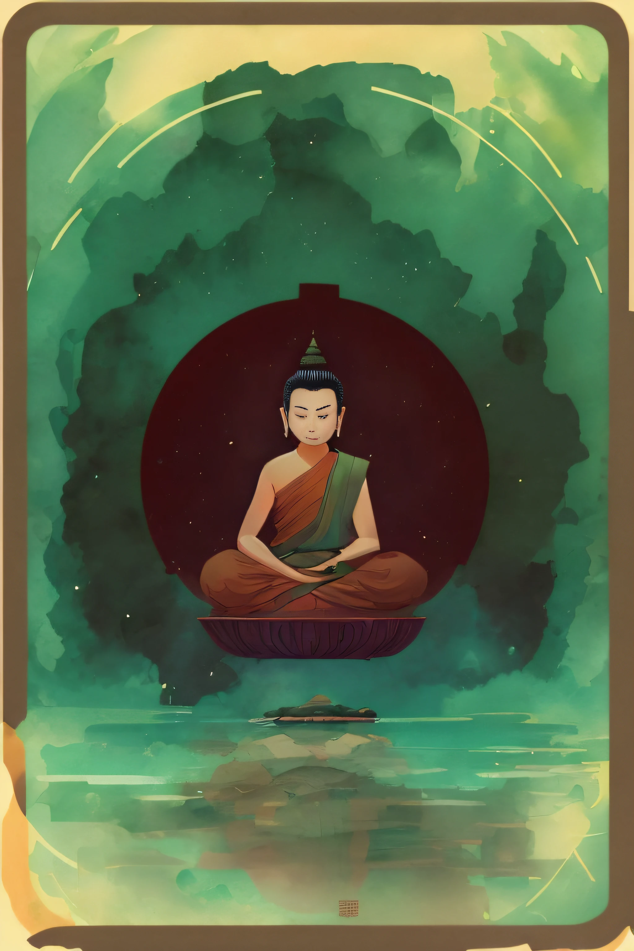 there is a buddha statue sitting in a circular frame, Jen Bartel, a beautiful artwork illustration, Budismo, Estilo Victo, Victo ngai! cores silenciadas, O Buda, serene illustration, Cyril Rolando e Goro Fujita, full color illustration, inspirado em Victo Ngai, flutuando em um poderoso estado zen, Brittney Lee