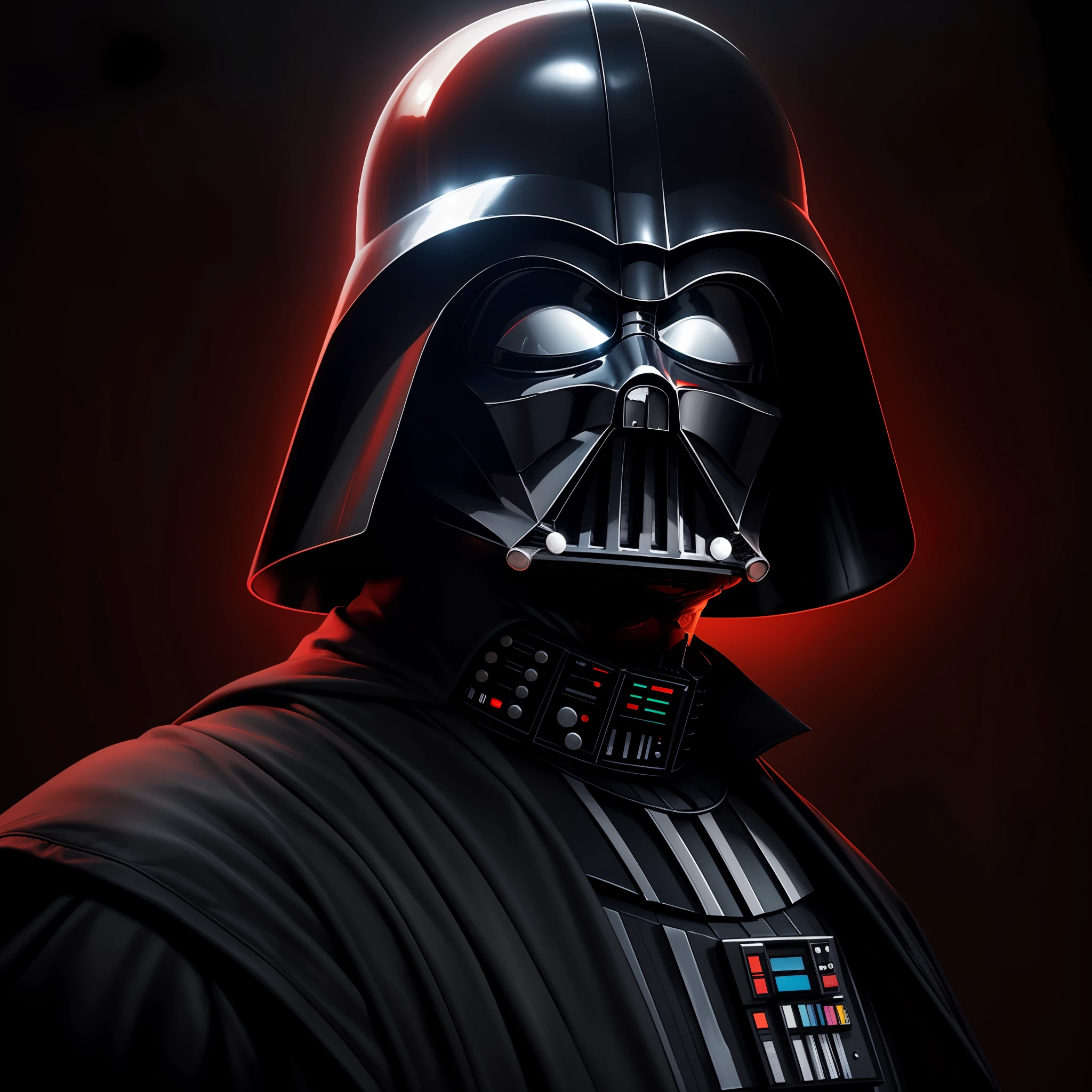 ((obra-prima)), ((melhor qualidade)), An oil painting depicting Darth Vader, the iconic Star Wars villain, em uma pose imponente e sombria. The color palette is dominated by dark tones, com destaque para os negros profundos e os vermelhos intensos do sabre de luz. The texture of the brushstrokes enhances the details of Vader's armor and helmet, creating a sense of power and mystery. Every detail of the painting is masterfully crafted, from the striking lines of the helmet to the folds of the cover, conveying the character's imposing presence and intimidating aura. This oil painting is a true work-of-the-art that captures the dark and iconic essence of Darth Vader., transporting the viewer to the Star Wars universe and arousing emotions of fascination and admiration.