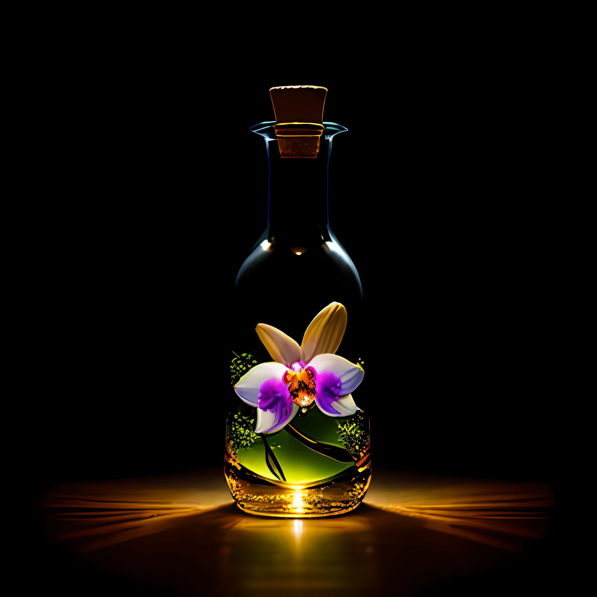 orchid in a bottle, fluffy, realistic, refraction of atmospheric light, by lee jeffries nikon d850 film photography 4 camera kodak portra 400 lens f1.6 rich colors realistic texture hyper realistic lighting dramatic engine unreal trend in artstation cinestill 800, Style-Glass