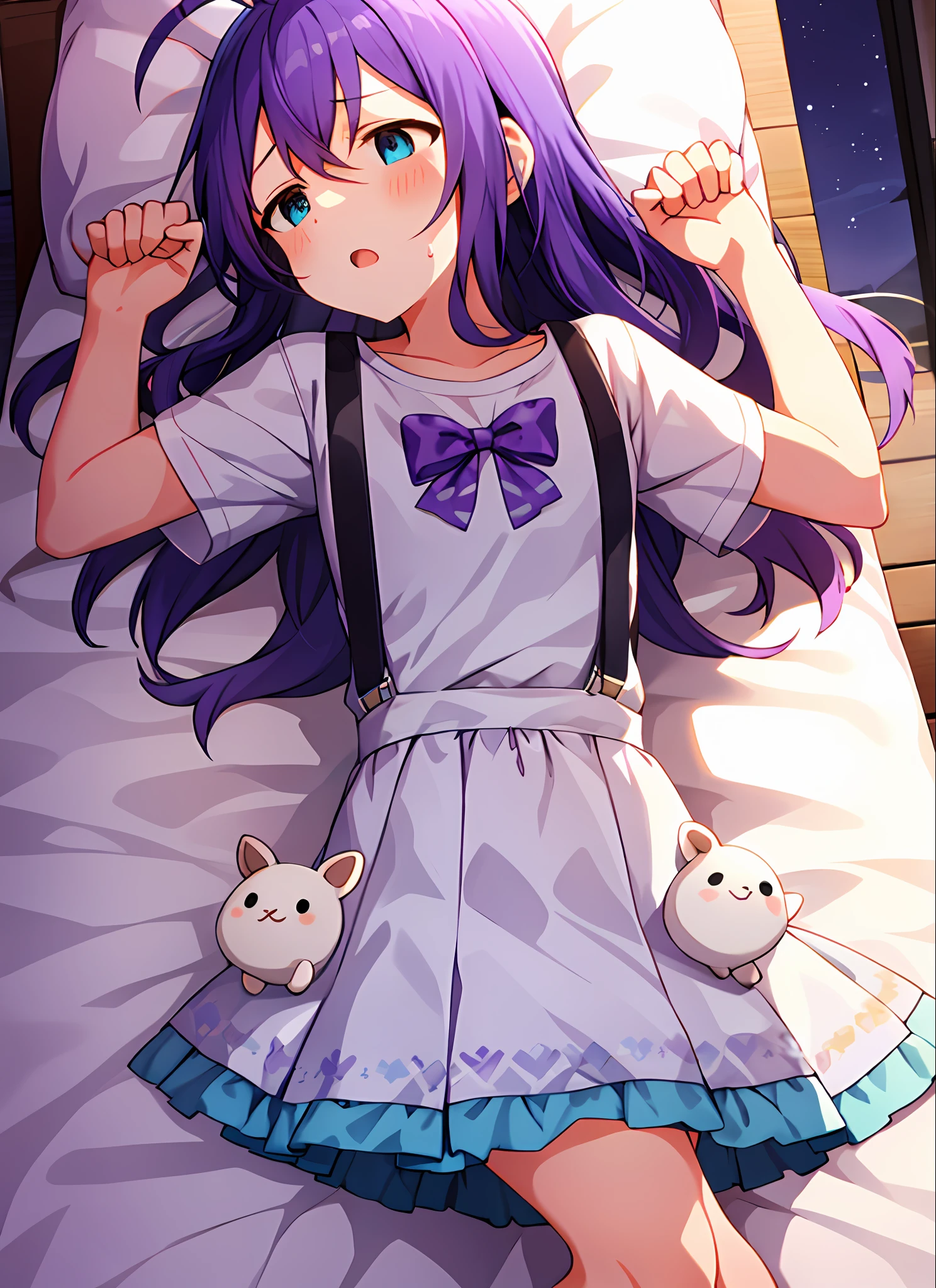 mochizuki anna,1girl in,Solo,Long hair,Purple hair,Small_Ahoge,Blue Eyes.Short stature.white t-shirts.suspenders.Skirt.Night view.lie on one’s side.Despair face.Clench your fists.Sweat.Opening Mouth.a bed.PILLOWS.