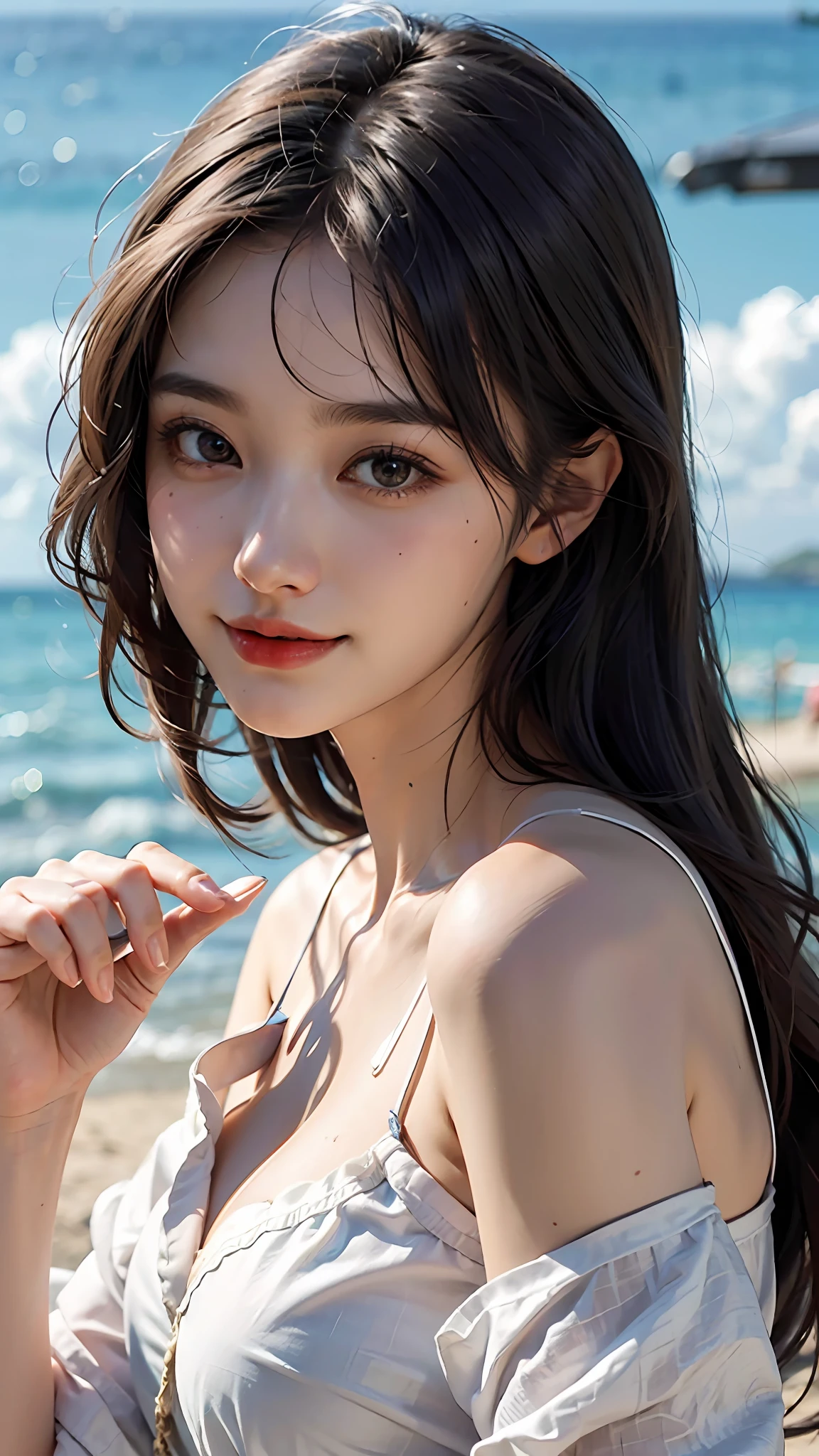 8K， Equal eyes， top Quority， Authentic images， complexdetails， ultra detaile， ultra-definition， Depth field， （make realistic， Realiy： 1.2）， nmasterpiece， good hand， 4K， jpn， 1girls， finely detailed skin， Sharp focus， （Film illumination）， 鎖骨， gentle illumination， round nose， dynamic angle， （Detailed face 1.2）， Mid-breasted， Whole human body， lipsticks，eyes bags， Smile with， black har， bangss， lifiting shirt，Sunny beach