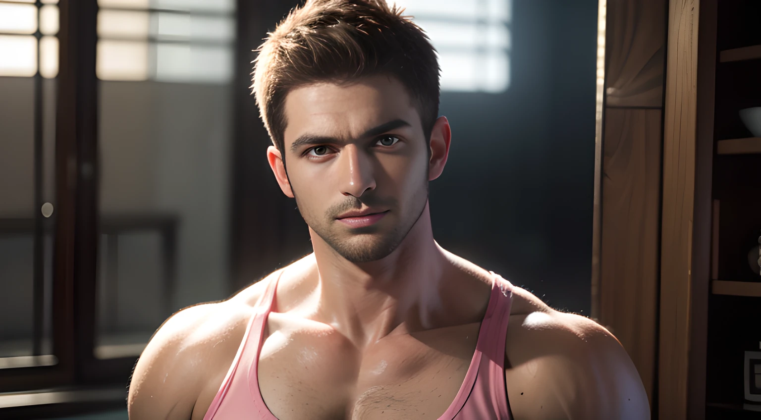 (Cowboy Shot), (one male gay handsome muscular man in their 30s wearing men's pink tanktop), (he resembles Chris Redfield from Resident Evil), A ruggedly handsome, well-built protagonist with a towering stature, striking very short blond hair, chiseled features, and intense, captivating blue eyes, Mischievous smile, (small details: 1 in 1), Natural muscles, HIG quality, Beautiful  eyes, (Detailed face and eyes), (Face、: 1 / 2), Noise, Real Photographics、... ...........................PSD, Sharp Focus, High resolution 8K, realisitic & Professional Photography, 8K UHD, Soft lighting, High quality, Film grain, FUJI XT3