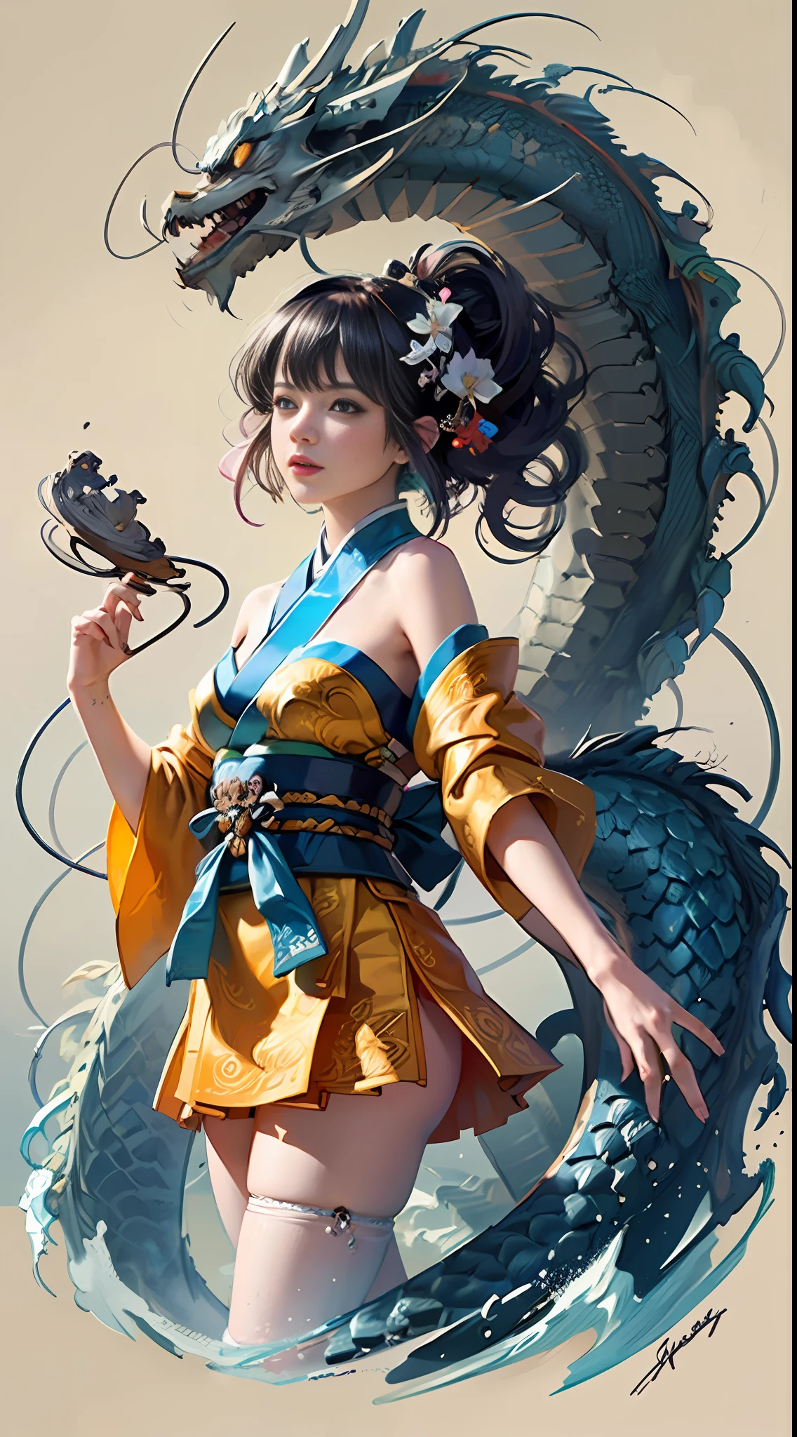 Official Art, Unified 8K Wallpapers, Ultra Detailed, Beautiful and Aesthetic, Masterpiece, Best Quality, (Zentangle, Tangle, Entangle), (fractal art: 1.4), (character center: 1.3), 1girl, black hair, japenese,wearing kimono, off-the-shoulders, short skirt, calf, navel, very detailed, dynamic angle, cowboyshot, (most beautiful form of chaos), ethereal, (bright colors), oc, (half: 1.2), japanese, (thangka flying sky: 1.5), (ribbon: 1.3), (dream: 1.5), (hanfu: 1.5), Japanese dragon, Japanese phoenix, (smile: 0.5), ( Chinese deities),