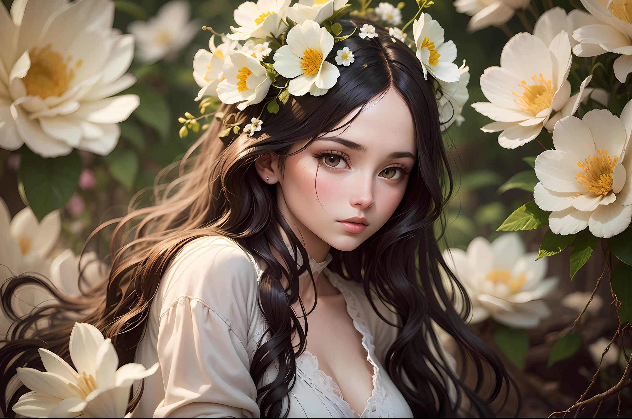 Young woman like a Boticelli's model, dark wavy long hair, peeping behind a hanging flowery branch full of white flowers. Alfons Mucha influenced, realistic raytraicing, 3d, --auto --s2