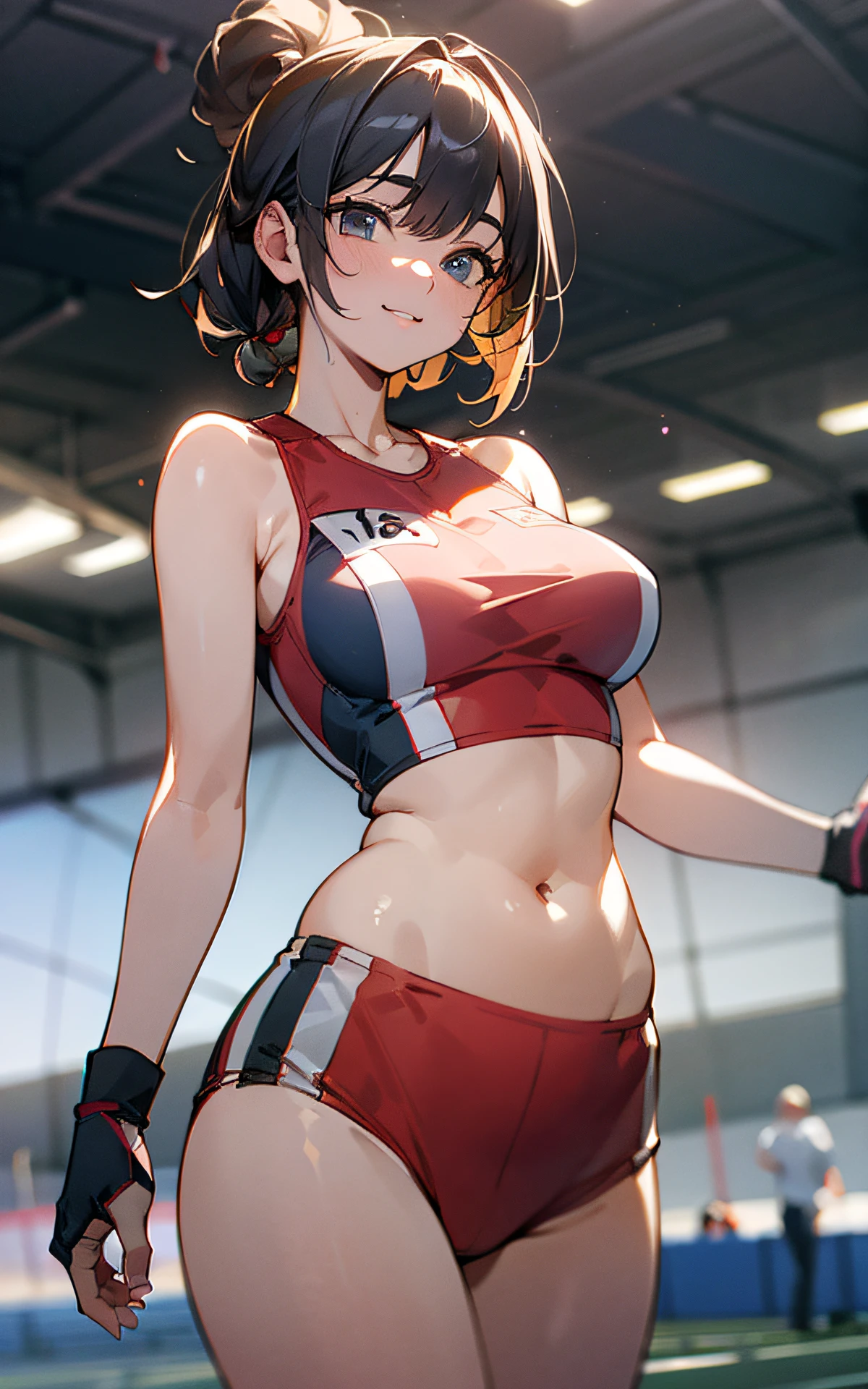 (Original Character、Unity 16K Wallpaper, Masterpiece, Best Quality, Ultra-Detailed, Extremely Detailed CG, Caustics, Cinematic Lighting, Detailed, Beautiful Detailed Eyes, solo), Ultra High Resolution, fine skin, (track and field:1.2) 、(strong light)、oily skin,smile , from front:1.2、(sexy women)、Arena、full body shot、separate、racing bloomers、show off belly,show off neck,sunny day