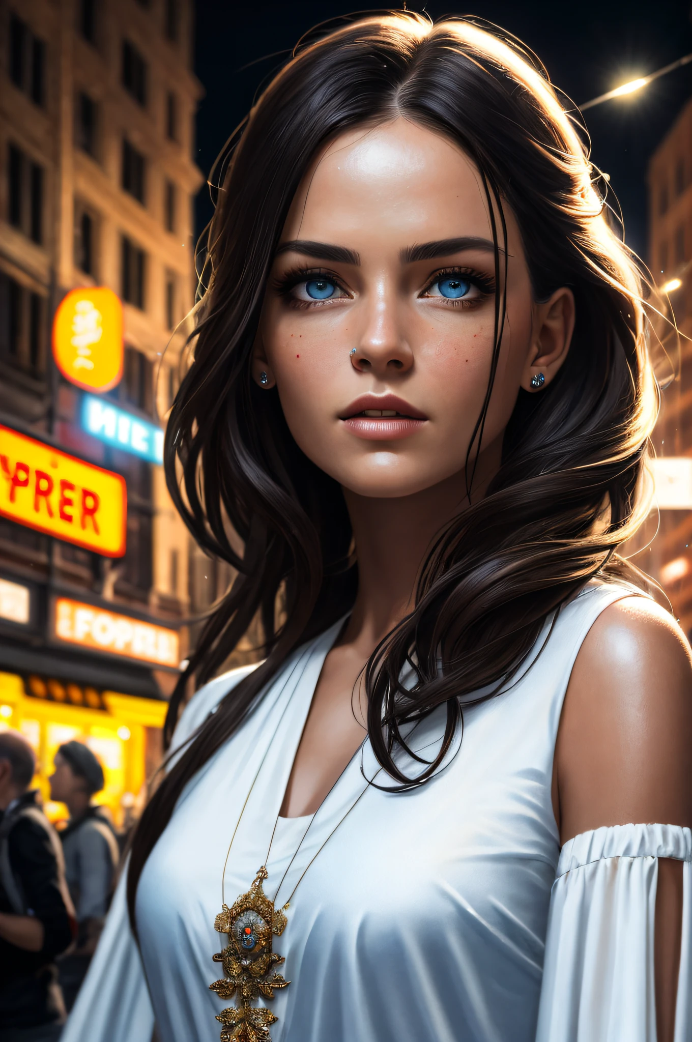 (8k, masterpiece:1.2), Night view of city streets, The lights of the night, (ultra highres:1.0), watercolor, a beautiful woman, wearing loose white blouse and white loose skirt weird future fashion with straps, shoulder, hair ribbons, full body portrait, extremely luminous bright design, detailed face, model photoshoot style, very long hair, intricate, elegant, hdr, backlighting, realism, (hyperrealism), (cinematic), (hyperdetailed:1.2), best quality, (best quality:1.0), close up