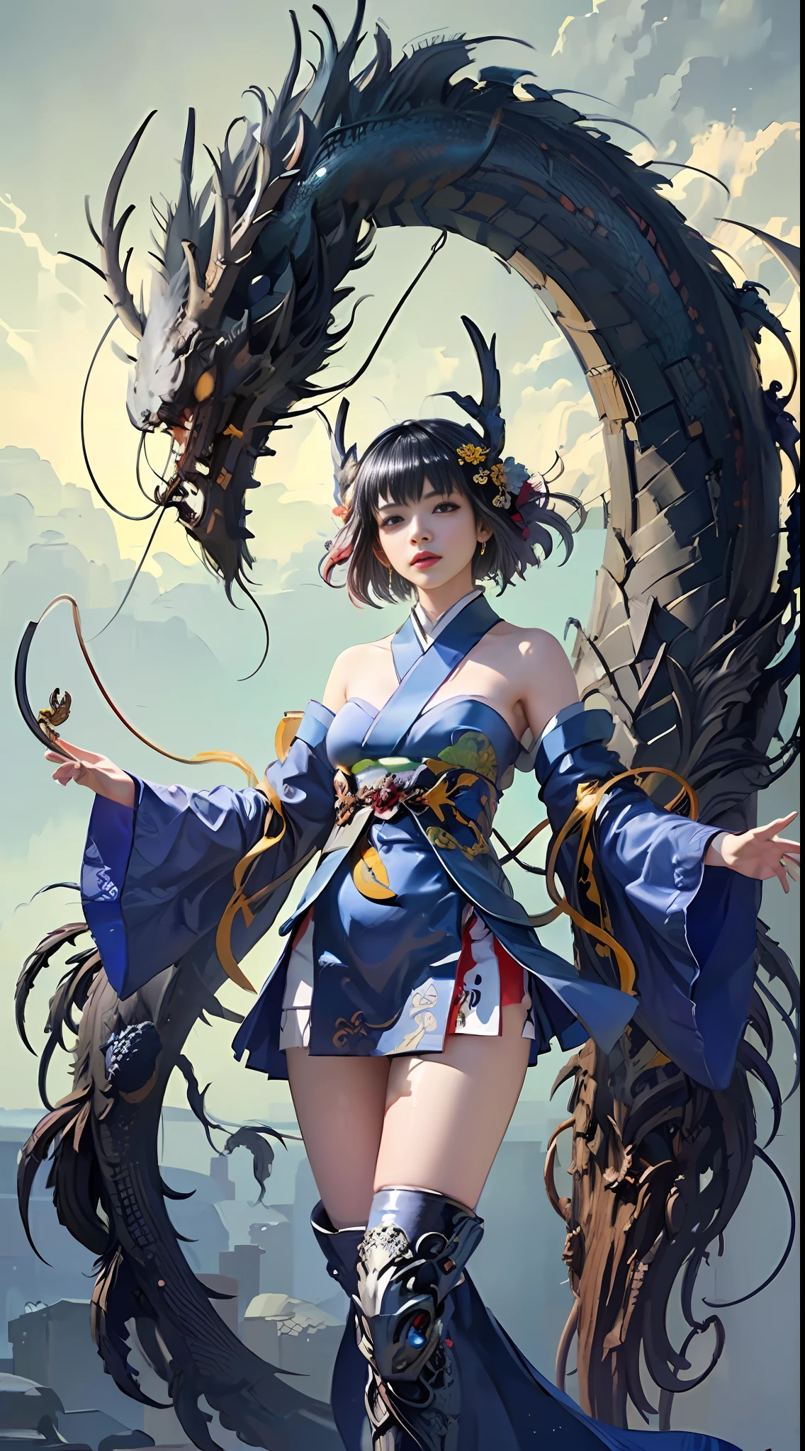 Official Art, Unified 8K Wallpapers, Ultra Detailed, Beautiful and Aesthetic, Masterpiece, Best Quality, (Zentangle, Tangle, Entangle), (fractal art: 1.4), (character center: 1.3), 1girl, black hair, japenese,wearing kimono, off-the-shoulders, short skirt, calf, navel, very detailed, dynamic angle, cowboyshot, (most beautiful form of chaos), ethereal, (bright colors), oc, (half: 1.2), japanese, (thangka flying sky: 1.5), (ribbon: 1.3), (dream: 1.5), (hanfu: 1.5), Japanese dragon, Japanese phoenix, (smile: 0.5), ( Chinese deities),
