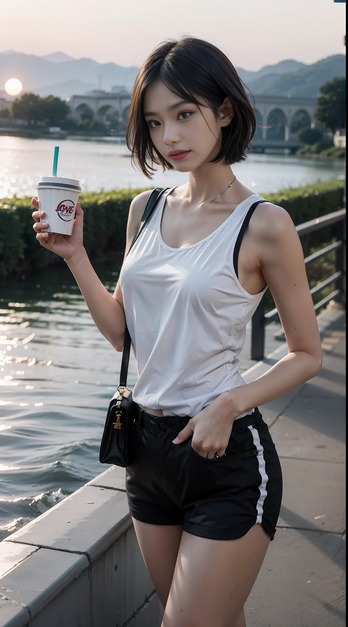 Master picture quality,Hyper-realistic,真实感,Three-dimensional feeling,setting sun,Riverside runway,The view is beautiful,The river flows,A age Chinese girl,youthfulness,lovly,Run,short shoulder length hair,Untidy hair,Sweat on the face,blush on,双眼皮,Bend your eyebrows,Clear eyes,Delicate facial features,Dignified and delicate,Medium height,Medium chest and good figure,smil,sportwear,Shoulder bag,Holding a large water cup in one hand,Say hello with one hand,over distances,facial closeup,Infinite detail is real,The background is clear and real,The skin is real,the panorama,Full body photo,The best CG,Keep your eyes looking ahead,