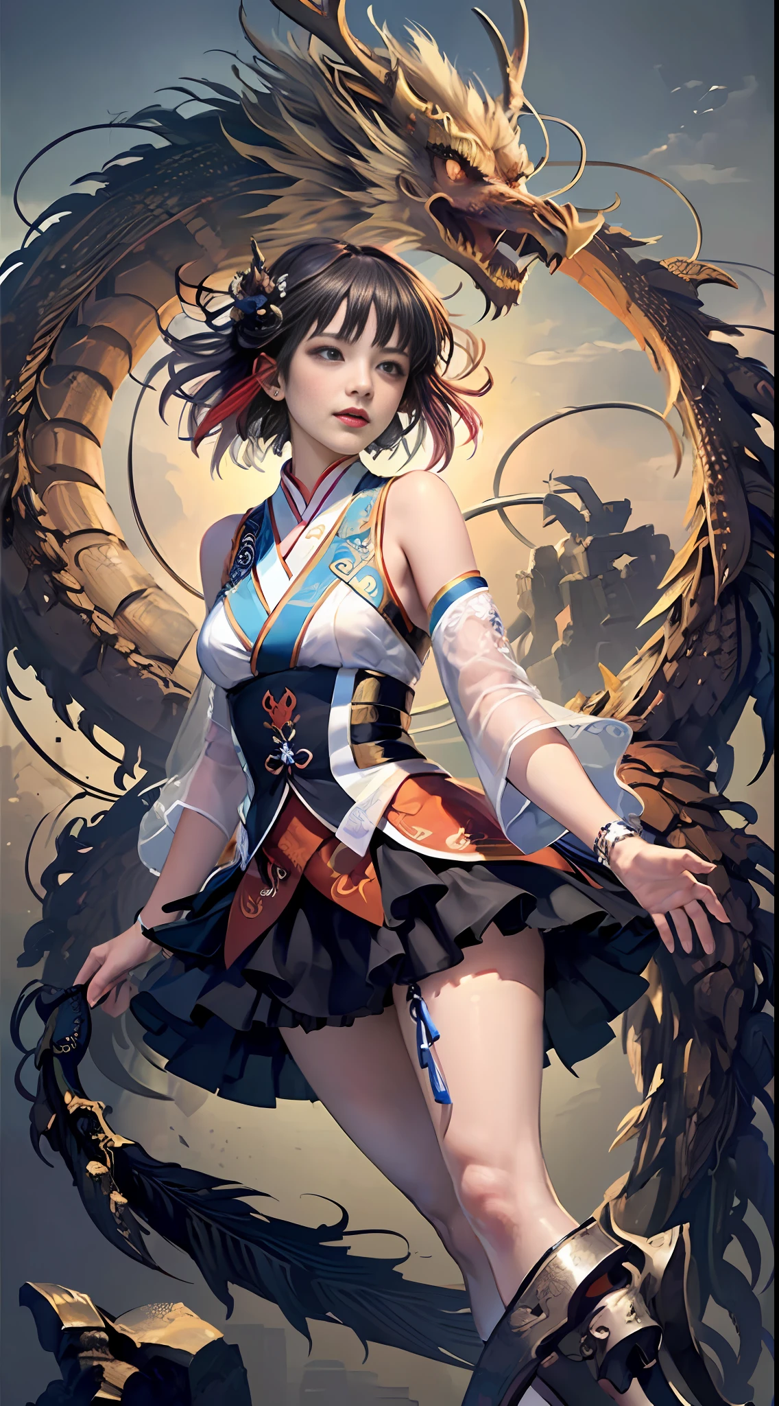 Official Art, Unified 8K Wallpapers, Ultra Detailed, Beautiful and Aesthetic, Masterpiece, Best Quality, (Zentangle, Tangle, Entangle), (fractal art: 1.4), (character center: 1.3), 1girl, black hair, Chinese, off-the-shoulders, short skirt, calf, navel, very detailed, dynamic angle, cowboyshot, (most beautiful form of chaos), ethereal, (bright colors), oc, (half: 1.2), china, (thangka flying sky: 1.5), (ribbon: 1.3), (dream: 1.5), (hanfu: 1.5), Chinese dragon, Chinese phoenix, (smile: 0.5), ( Chinese deities),