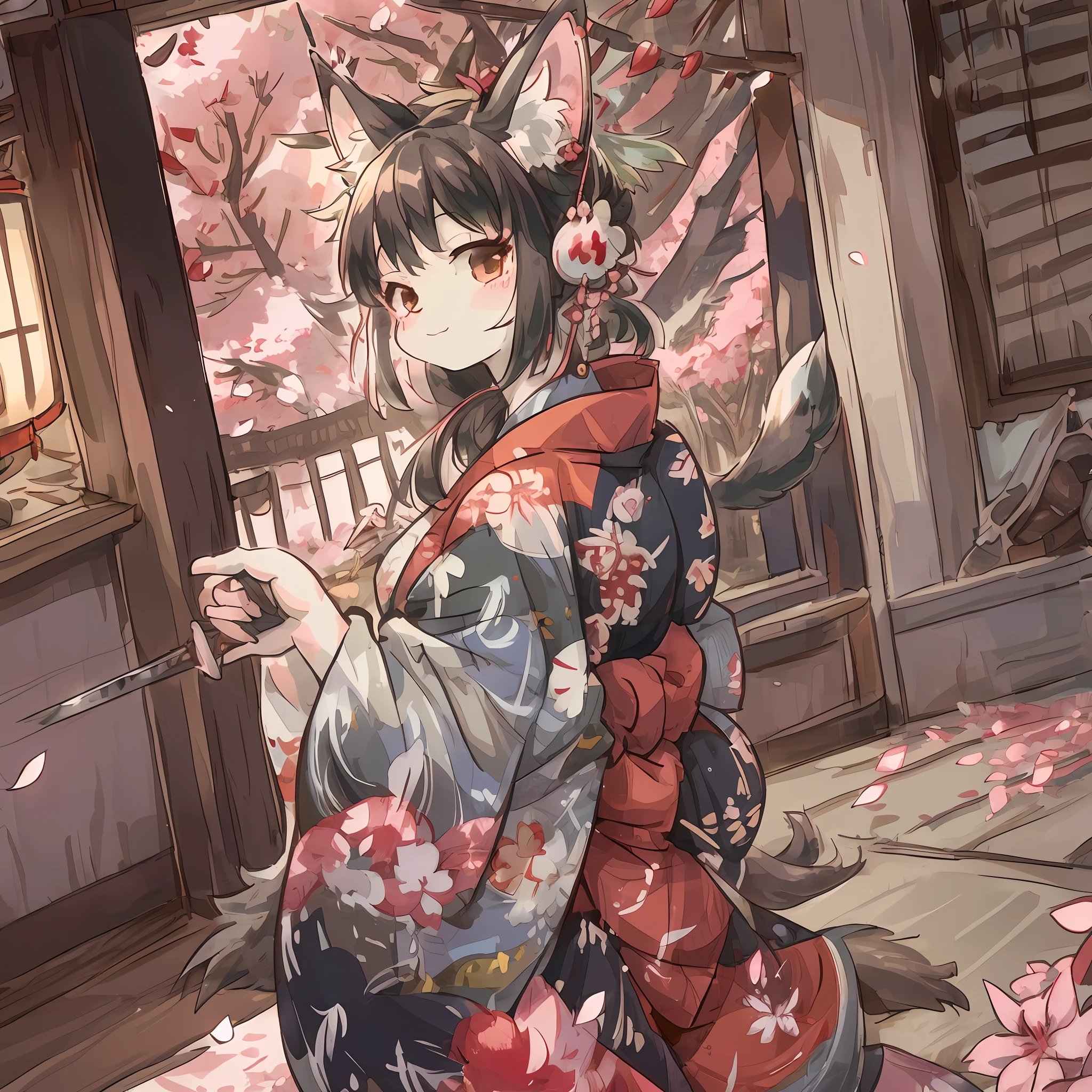 masterpiece, shuimobysim, badashanren, Shukezouma, samurai residence, kimono, katana, The cherry tree, cherry blossoms dancing in the wind, tatami mats, lanterns(super cute 1girl, solo, kemono, furry anthro)(animal ear, animal tail),