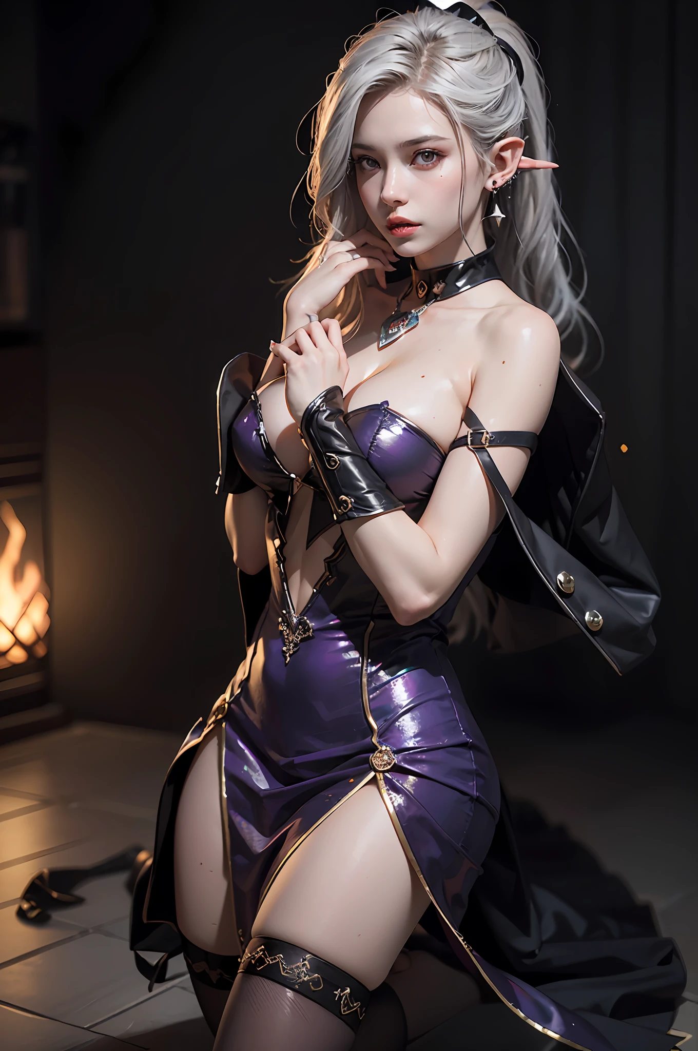 ((Best Quority)), ((A masterpiece)), (Detail:1.4), 3D, A beautiful elven fantasy beautiful girl，（kneelingpose），ear studs，（（Long silver hair，Double ponytail:1.9））,（Purple long dress：1.6）（Black stockings beautiful legs，heeled sandals：1.6）（Western European medieval style，Metal Temple，：1.6），Metallic sequins，West Phantom Wind,closeup of face,Extremely normal hands,Extremely normal legs,hdr（HighDynamicRange）,raytrace,NVIDIA RTX,Hyper-Resolution,illusory 5,Subsurface scattering、PBR Texture、post-processed、Anisotropy Filtering、depth of ﬁeld、maximum definition and sharpness、multi-layer texture、Albedo e mapas Speculares、Surface Coloring、Accurate simulation of light-material interactions、perfectly proportioned、octane render of the、Two-colored light、Large aperture、Low ISO、White balance、Rule of thirds、8K raw data