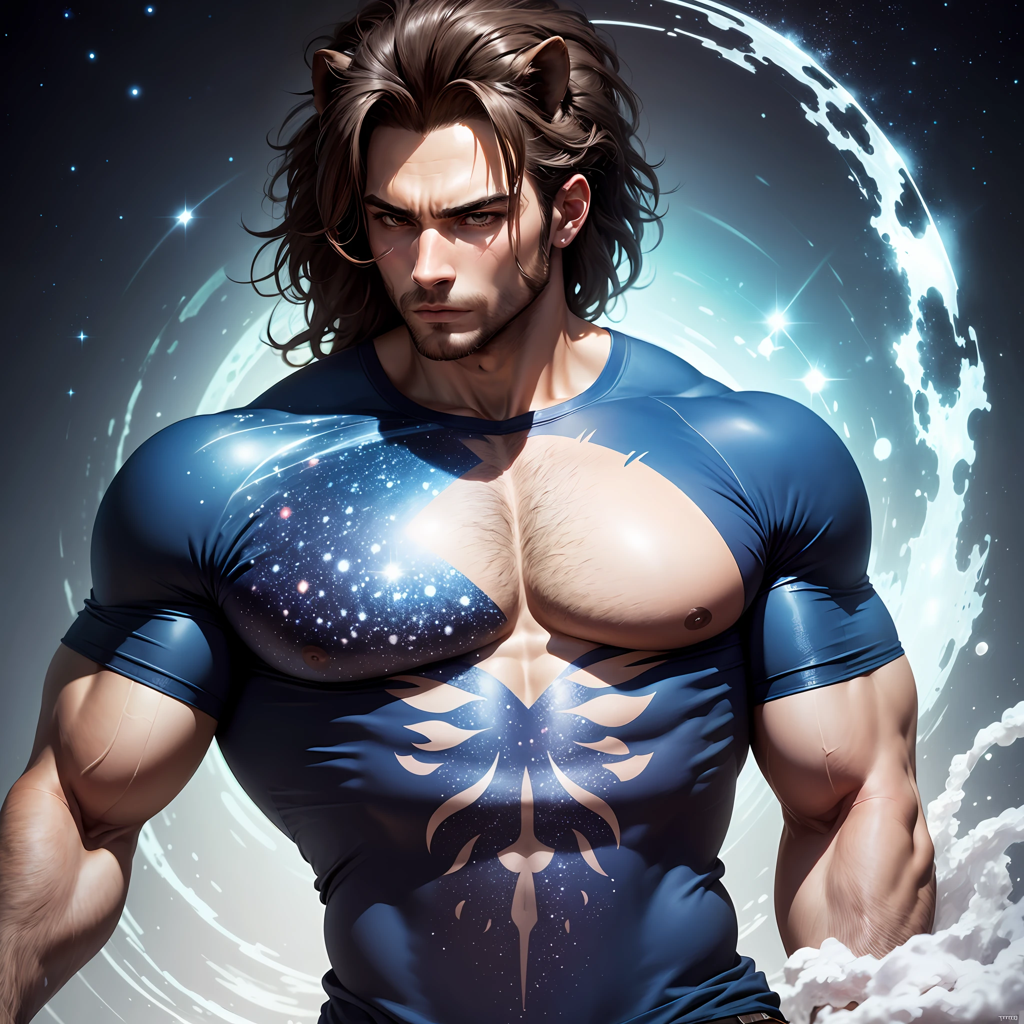 CREATE a lion-like man, de terno azul, com terno colado, gravata desalinhada, fundo celestial, galaxy, camisa colada transparente corpo trincado