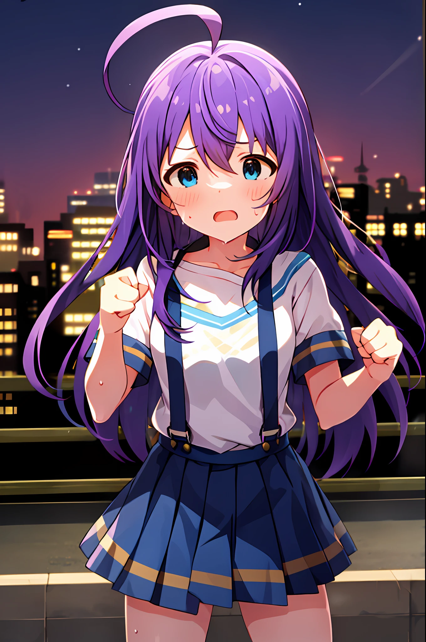 mochizuki anna,1girl in,Solo,Long hair,Purple hair,Small_Ahoge,Blue Eyes.Short stature.white t-shirts.suspenders.Skirt.Night view.Fighting stance.Despair face.Clench your fists.Sweat.Opening Mouth.