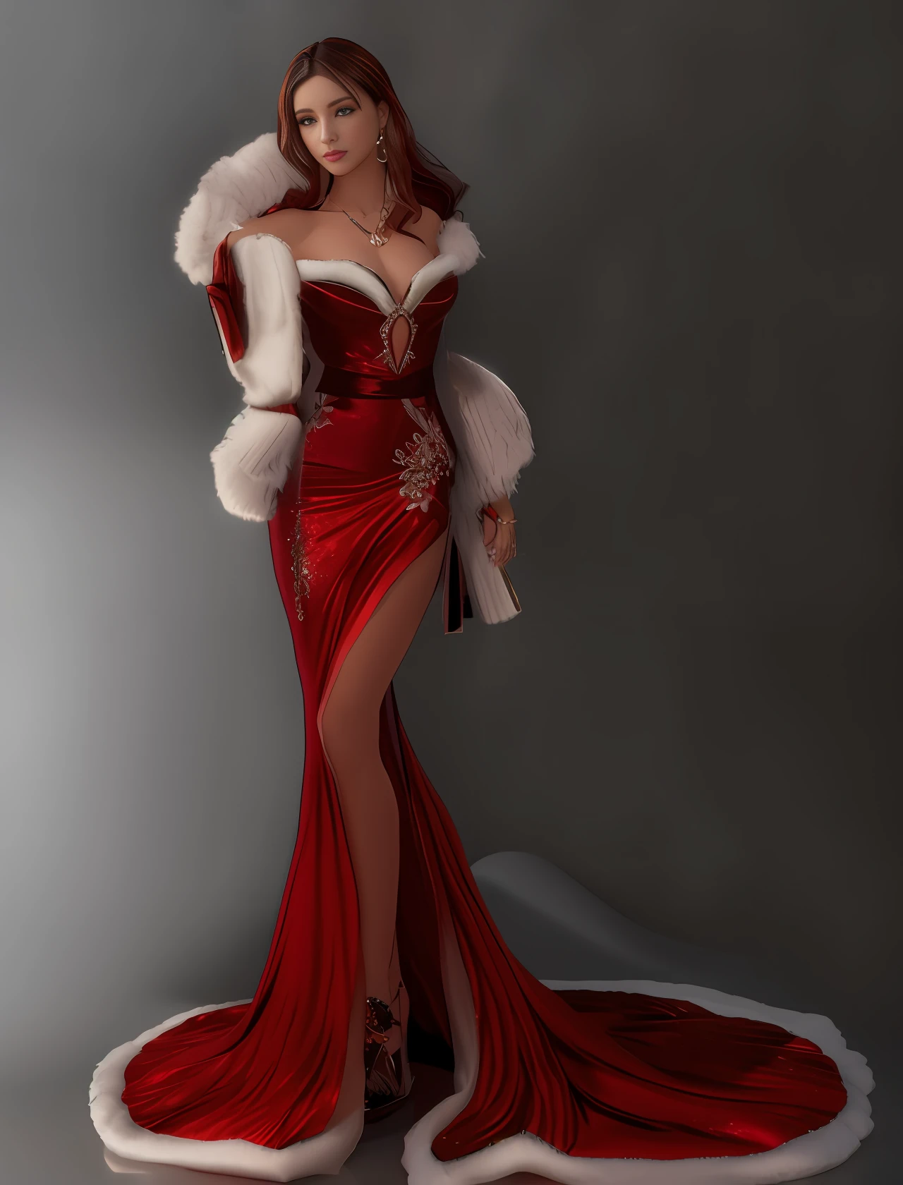 HDR 8K，3D，araffe dressed in a red dress and fur coat posing for a picture, （（Deep cleavage）），（（Plump chest）），elegant glamor pose, digital art of an elegant, extravagant dress, wearing fantasy formal clothing, Full body CGsociety, glamorous fashion pose, author：Gabriel Bar, stunning elegant pose, stunning cgsociety, glamor pose, elegant red color dress, sexy gown, author：Nikolai Avramov