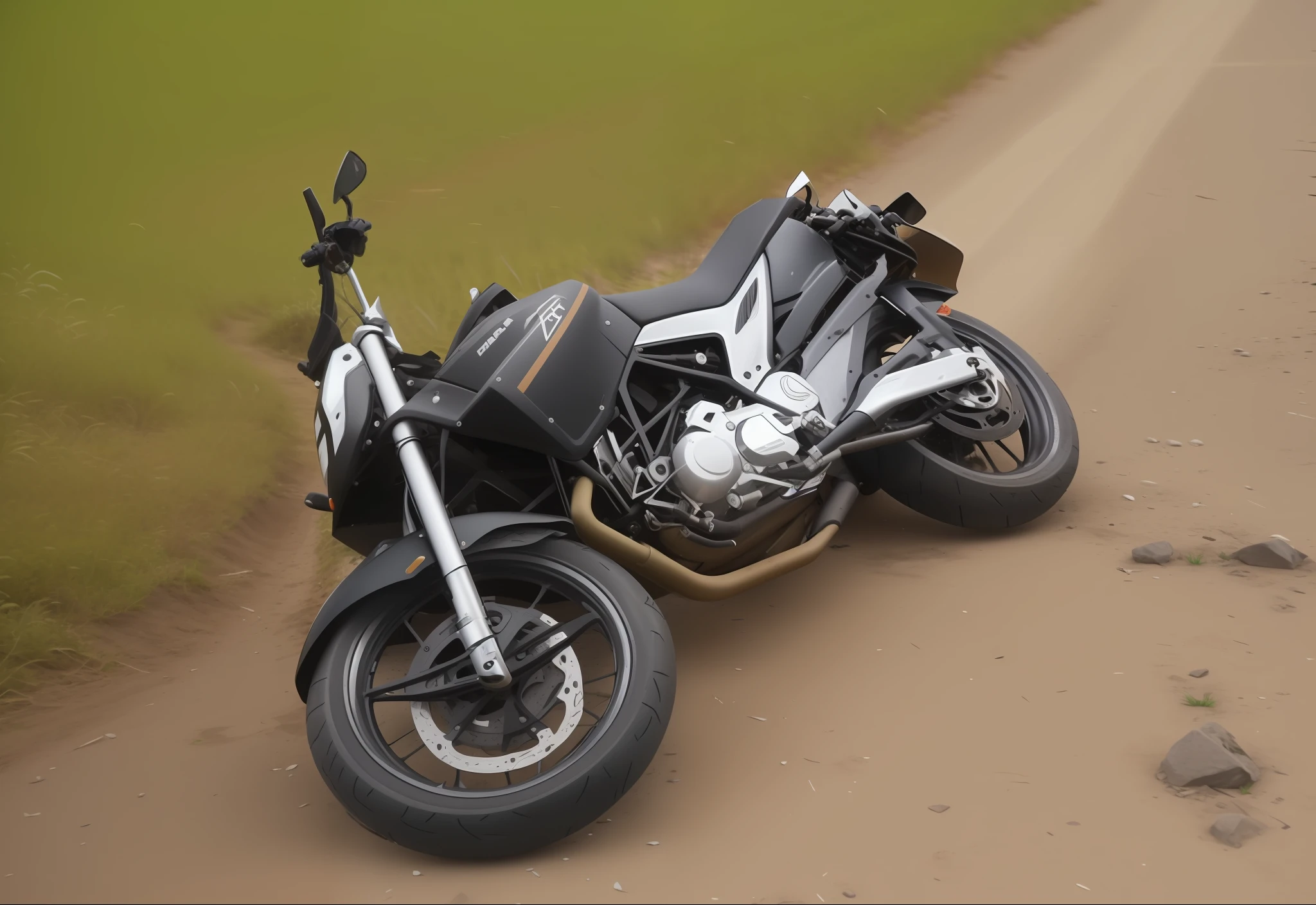 Arafed motocicleta sentada no acostamento da estrada, motocicleta, motocicleta, crashed in the ground, Caiu, acidente, ciclomotor, sem capacete!!!!, Akira Moto, andar de moto por uma rua, sem capacete, cena poderosa, moto dakar, Directed by: Willian Murai, crash, Directed by: Niko Henrichon,fundo desfocado, imagem 8k