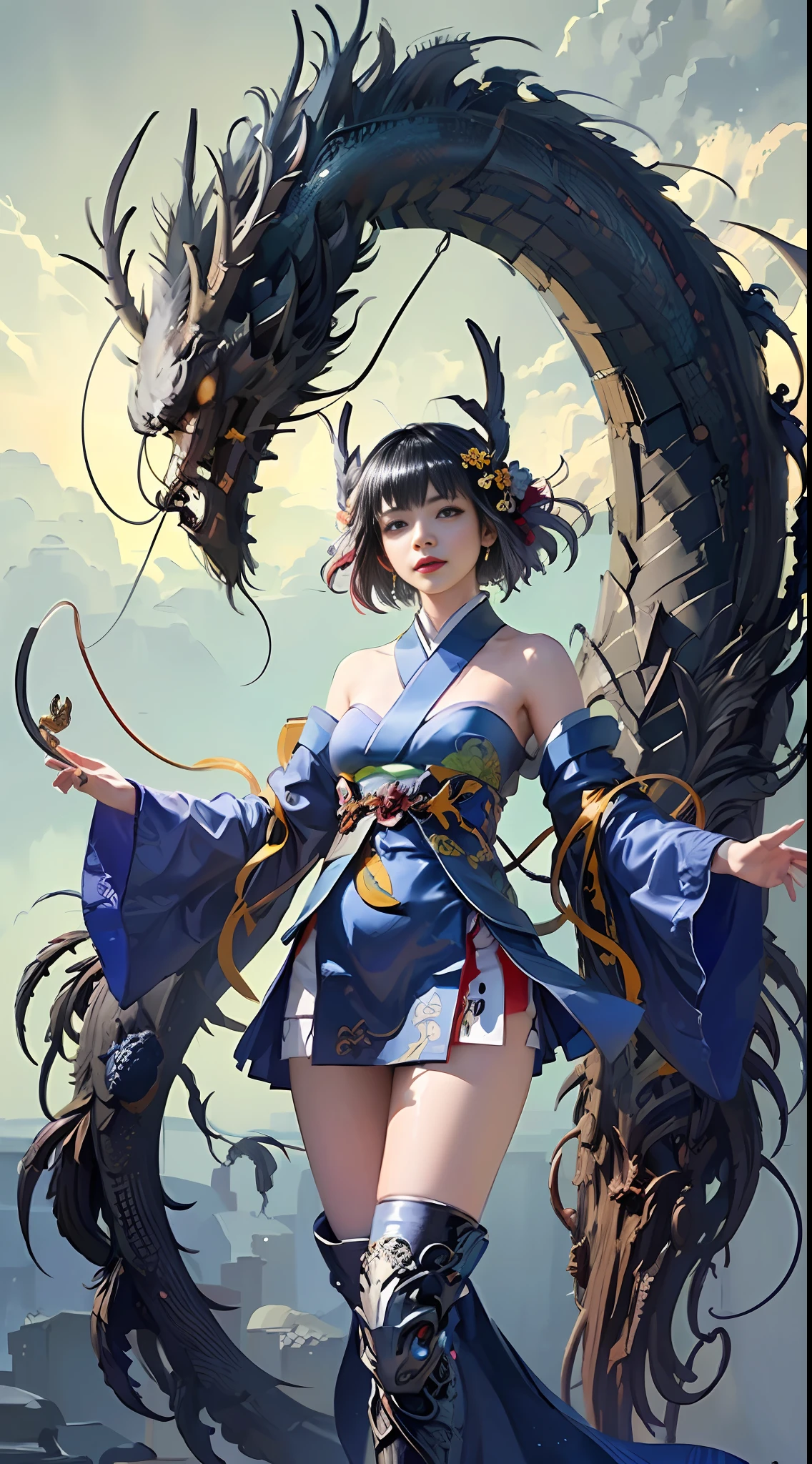 Official Art, Unified 8K Wallpapers, Ultra Detailed, Beautiful and Aesthetic, Masterpiece, Best Quality, (Zentangle, Tangle, Entangle), (fractal art: 1.4), (character center: 1.3), 1girl, black hair, japenese,wearing kimono, off-the-shoulders, short skirt, calf, navel, very detailed, dynamic angle, cowboyshot, (most beautiful form of chaos), ethereal, (bright colors), oc, (half: 1.2), japanese, (thangka flying sky: 1.5), (ribbon: 1.3), (dream: 1.5), (hanfu: 1.5), Japanese dragon, Japanese phoenix, (smile: 0.5), ( Chinese deities),
