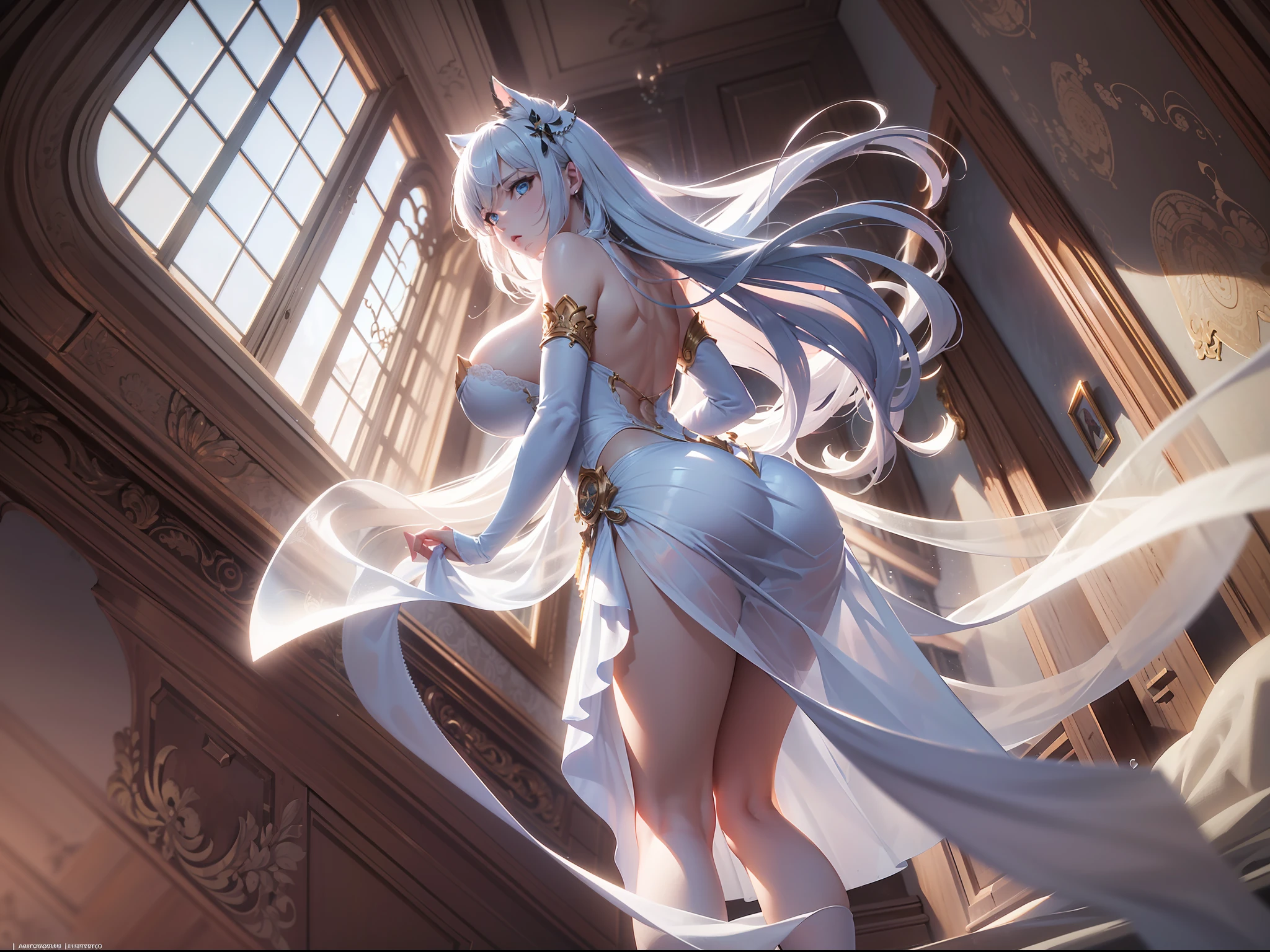 (Extreme Detail CG Unity 8K Wallpapers,masterpaintings,Highest image quality),(Delicate light and shadow,The picture is highly dramatic),White Very Long Hair,Handsome face,Blue eyes,Tall figure,big tit,White transparent skirt,clong legs,White opaque stockings,White heels,Stand at the window(Exceptional detail,The lighting effect is outstanding,Vista wide angle),crepuscular(Excellent rendering,Enough to stand out from the crowd),raytrace,hdr, Ridiculous resolution, absurd res, filmgrain, lightand shade contrast, atmosphric perspective, lightand shade contrast, cinematlic lighting, The light from the back window is backlighted, Film grain wide angle, Grandiose scene