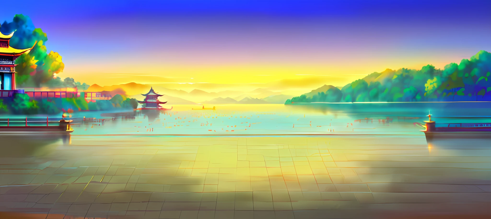 painting of a beautiful landscape with a pagoda and a lake, Detailed scenery —width 672, anime landscape, anime beautiful peace scene, Anime landscape wallpaper, Anime background art, digital painting of a pagoda, serene post-nuclear background, serene illustration, beautiful anime scenery, Anime landscapes, colorful anime movie background, golden hour background, a temple background, background artwork