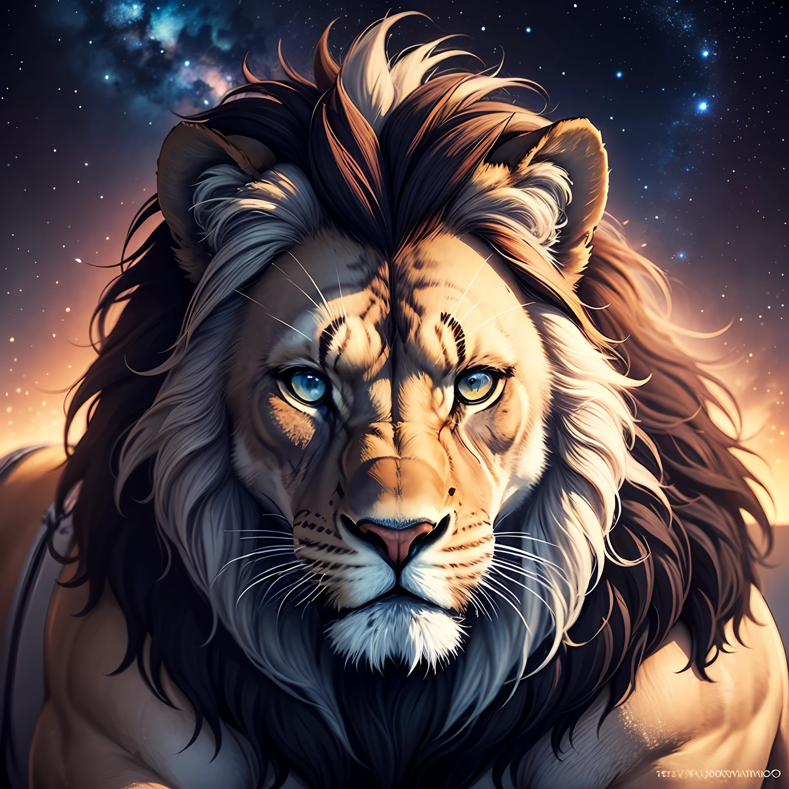 Create a Lion-Like Man, de terno azul, com fundo celestial estrelado universo galaxia --auto