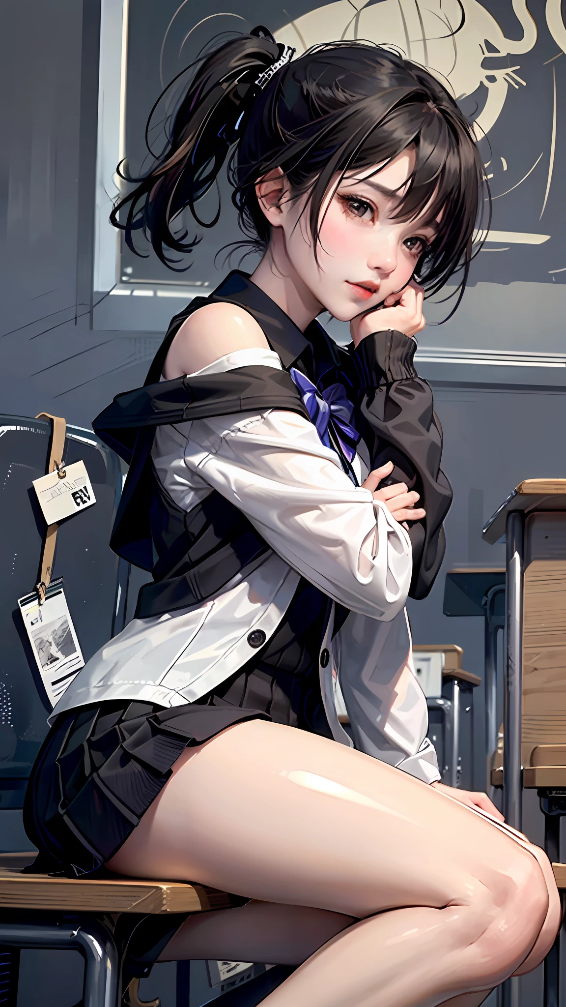 “（masterpaintings，Hi-Def，ultra high def，4K）Black hair with double ponytail，-yeld Jaese girl high school student，Bare shoulders，White JK shirt，Black long-sleeved JK uniform，Fluffy sleeves，emphasizing thighs，Exposing the skin of the legs，soft thighs，Glossy thighs，Sit at a classroom desk，Face-to-face perspective，（From the angle below），sitting on top of a school desk，Sit in front，Crotch zoom camera，Feet on the floor，body complet，Head down and sleepy-eyed，Just look at the audience"， Best Quority， ultra high def， （realisticlying：1.4）， A high resolution， 细节，