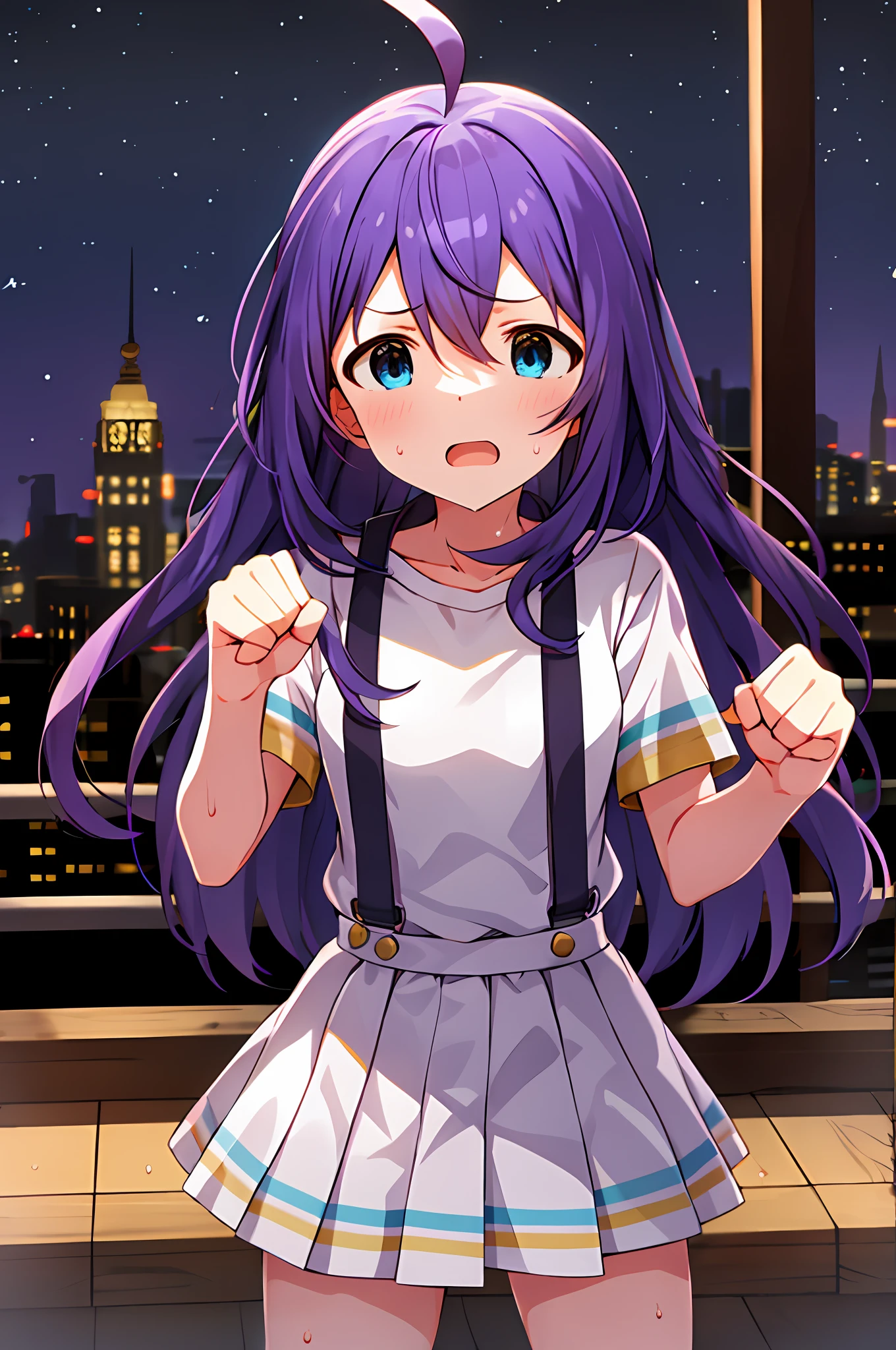 mochizuki anna,1girl in,Solo,Long hair,Purple hair,Small_Ahoge,Blue Eyes.Short stature.white t-shirts.suspenders.Skirt.Night view.Fighting stance.Despair face.Clench your fists.Sweat.Opening Mouth.