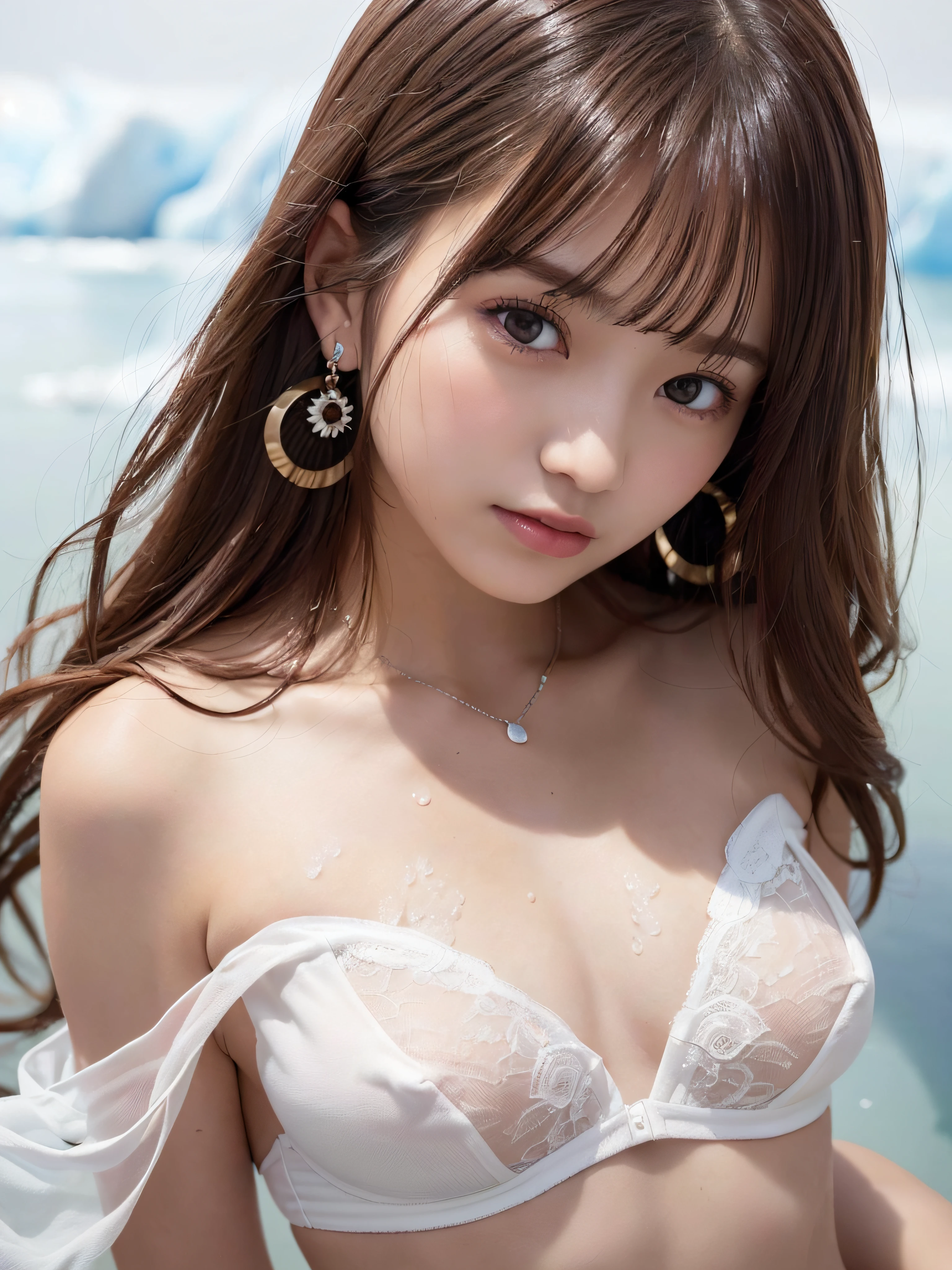 (Masterpiece:1.3), (8k, Photorealistic, RAW Photography, Best Quality: 1.3), (high contrast), (1girl), Beautiful Face, (Realistic Face), Realistic Eyes, Beautiful Details, (Realistic Skin), Beautiful Skin, Attractive, Ultra High Definition, Ultra Realistic, Very Detailed, (small breasts:1.3), (cleavage:0.8), Japanese  girl, long curly hair, (Brown hair, small breasts:1.3), necklace and earrings, navel piercing, ((slim figure:1.3)), (toned waist1.3), (Small buttocks:1.3), ((white panties)), ((strapless sheer bra:1.3)), small sheer bra, small sheer panties, Narrow areola and small areola, (perfectly shaped Nipples), (Nipple slip:1.3), (Small and beautiful Nipples), (Transparent Small and Beautiful Nipples), (see-through pink Nipples), (Clothes that can always see through the Nipples), (((Soak in the water on the drift ice, Huge glacier wall in the background)))