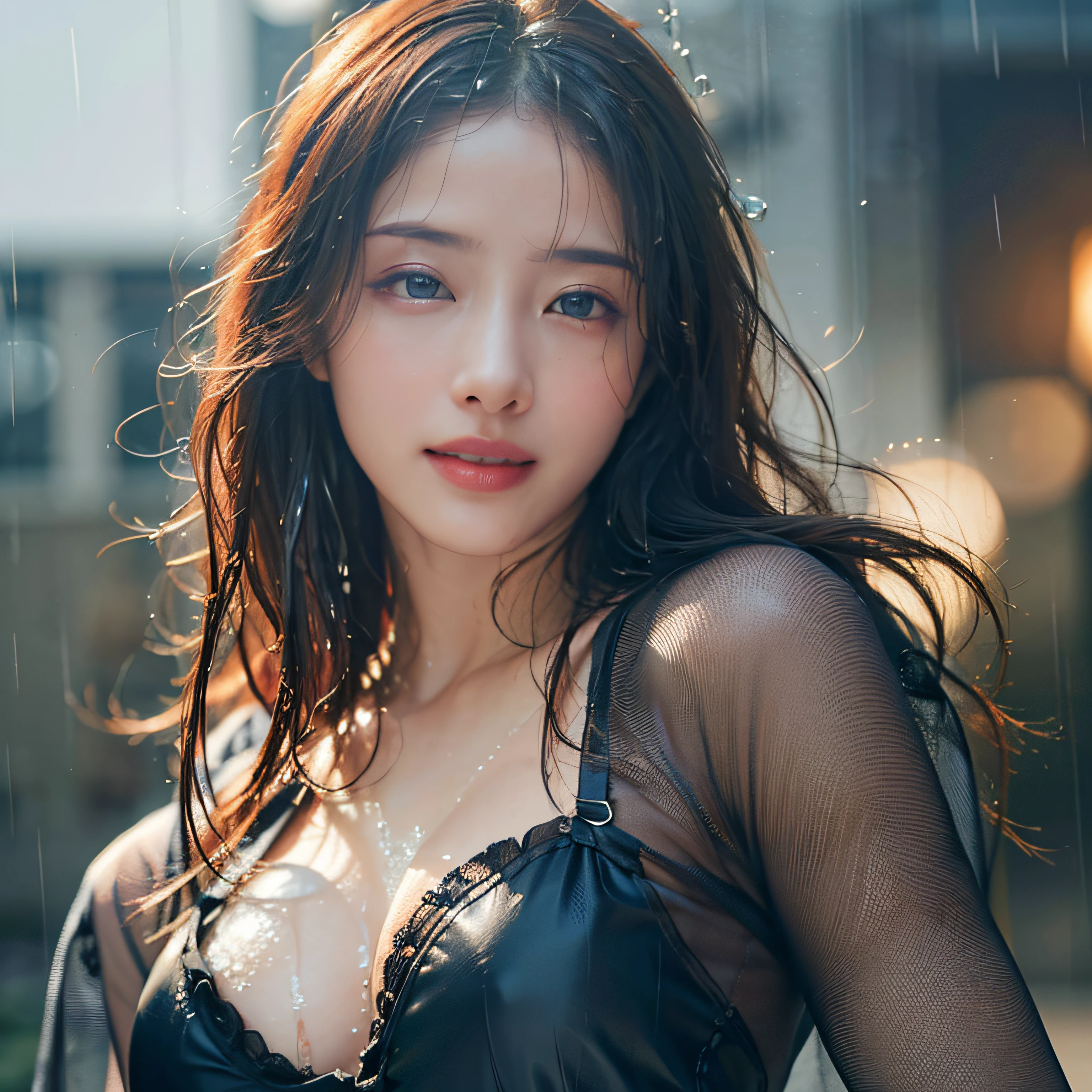 (in 8K、Raw photography、最好质量、巨作:1.2)、(realisitic、photoreallistic:1.37)、ultra hyper-detailed、ultra-high-resolution、One lady、独奏、D-cups、beautiful detailed face、a smile、Constriction、(Slim waist:1.3)、(rainy wet、Wet in the rain、Wet Body:1.2)、Pose like a model、Clear eyes、precise face features、Whole human body、Slightly powdered skin texture、Feathering、(Detailed skin)、Realistic texture、Muffled light、Gradient Blending、Perfect face and proportions、Dense skin Beautiful detailed skin、Skin texture、Floating hair、Professional lighting、