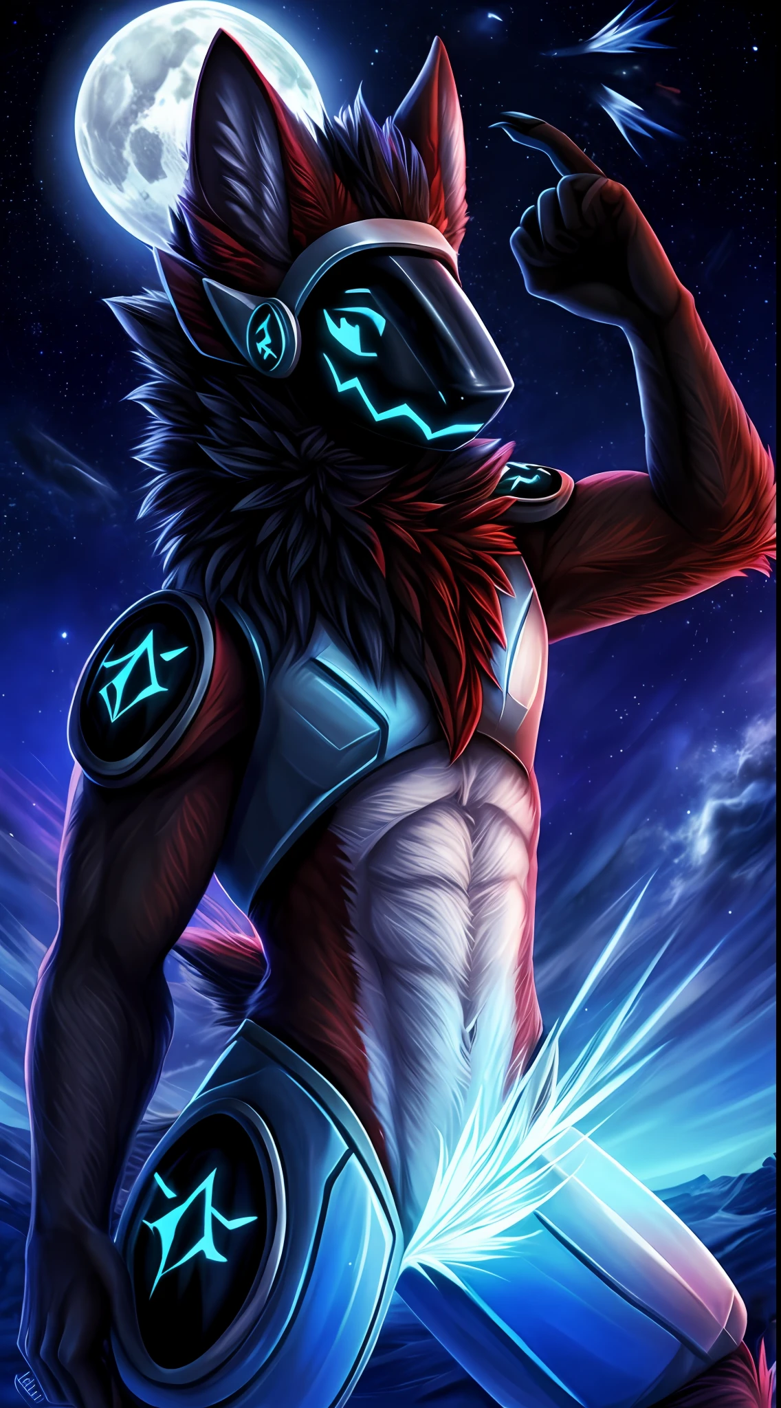Protogen, pelaje negro y ojos rojos, pelaje suave, cuerpo detallado, pose de pelea,sosteniendo una espada ,cielo oscuro, estrellas, luna llena, anochecer