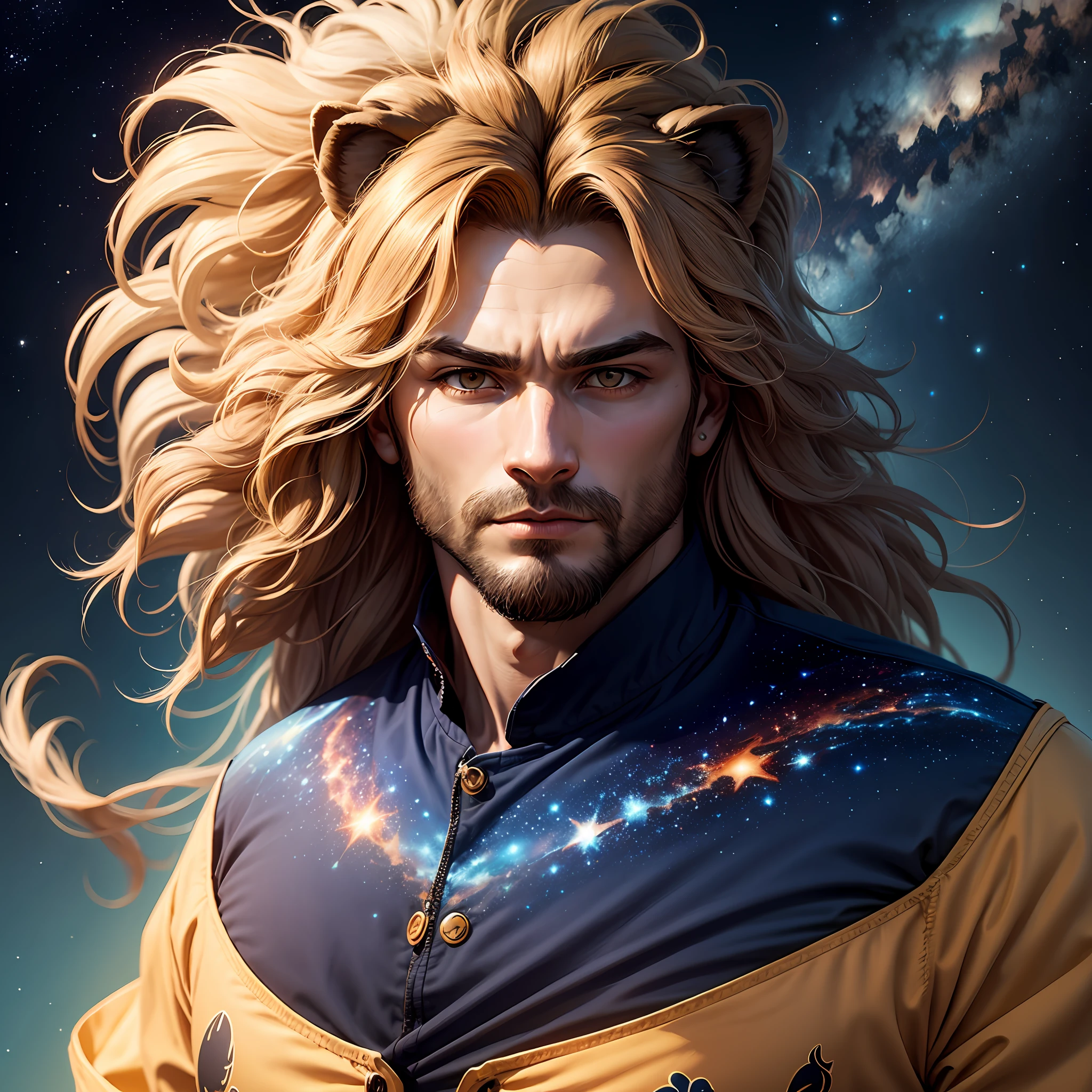 CREATE a lion-like man, de terno azul, com fundo celestial estrelado universo galaxia --auto